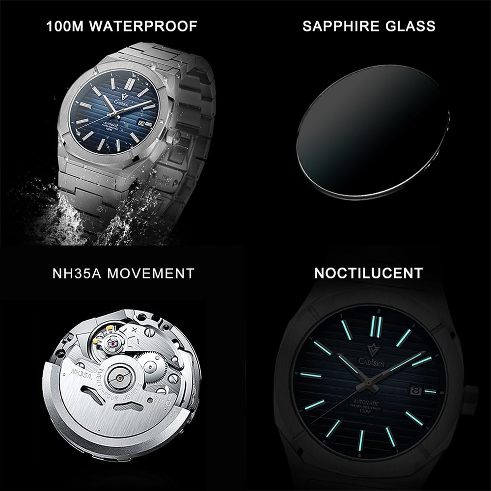 CADISEN Men's Automatic Watch with NH35 Movement - Sapphire Crystal Glass, Waterproof, Casual & Business Timepiece - Perfect for Office, Formal Events & Everyday Wear