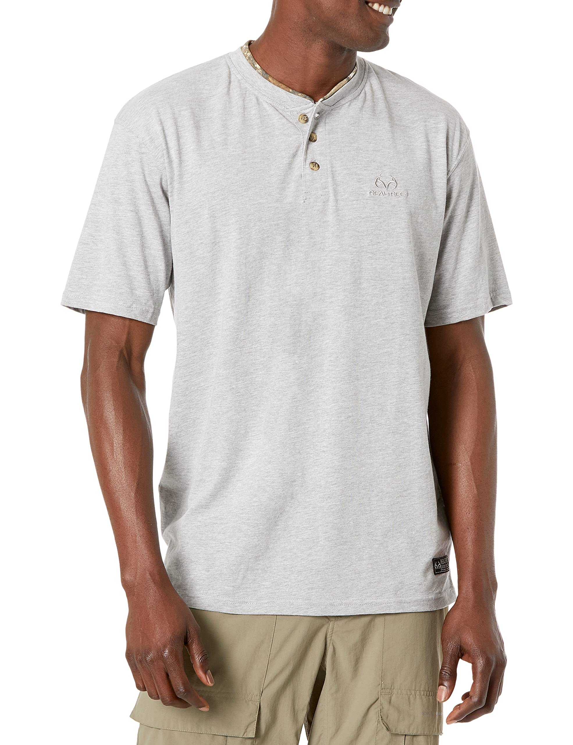 Staghorn Realtree SS Camo Trim Henley T-Shirt for Men - Heather Gray, Size S - Hunting, Outdoor & Casual Wear
