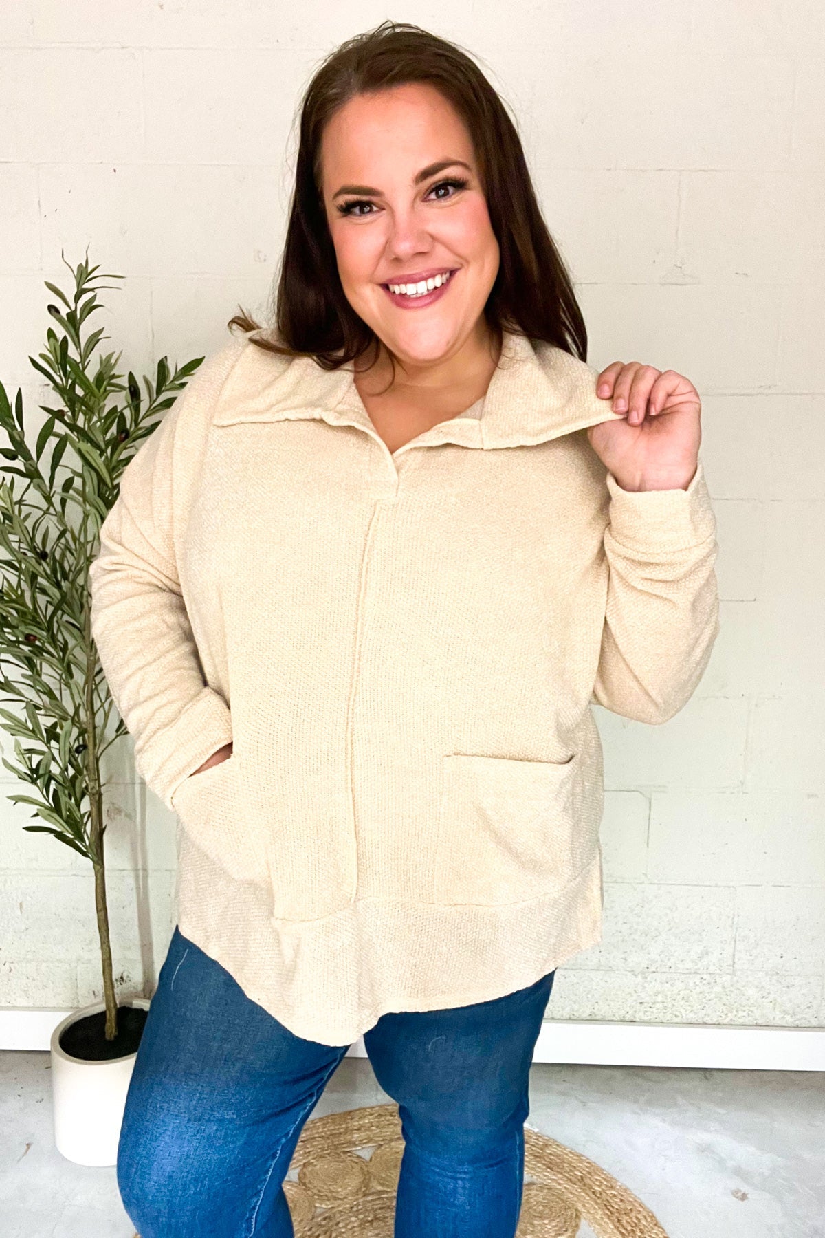 Easy Living Oatmeal Textured Knit Notch Neck Oversized Collar Sweater - Cozy Oversized Women's Knitwear for Fall & Winter | Perfect for Casual Outfits, Coffee Dates and Weekend Relaxation