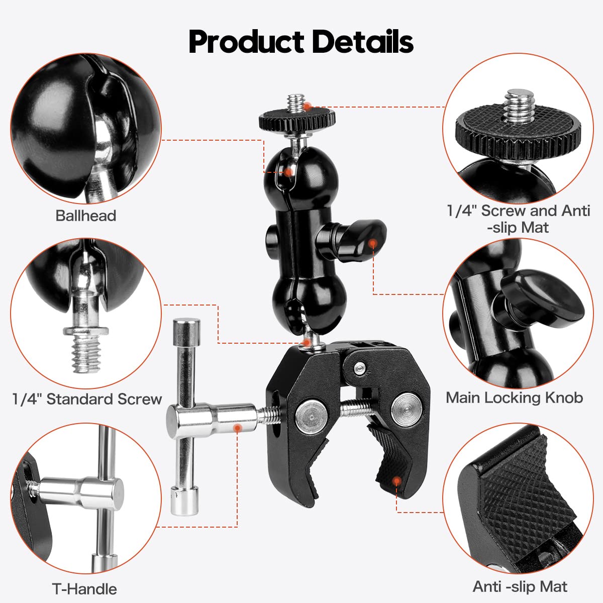 Double Ballhead Camera Clamp Mount for DSLR, Monitors & Lights - Studio & Vlogging Use