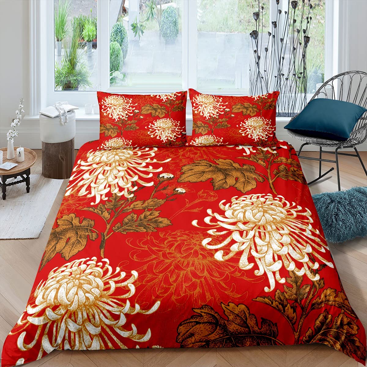 Feelyou Sequinox Floral Comforter Set - Queen Size 3PC Bedding with Chrysanthemum Design (Red/White) | Includes Duvet Cover + 2 Pillowcases | Perfect for Kids' Room, Girls & Boys Bedroom Decor | Soft & Cozy for All Seasons