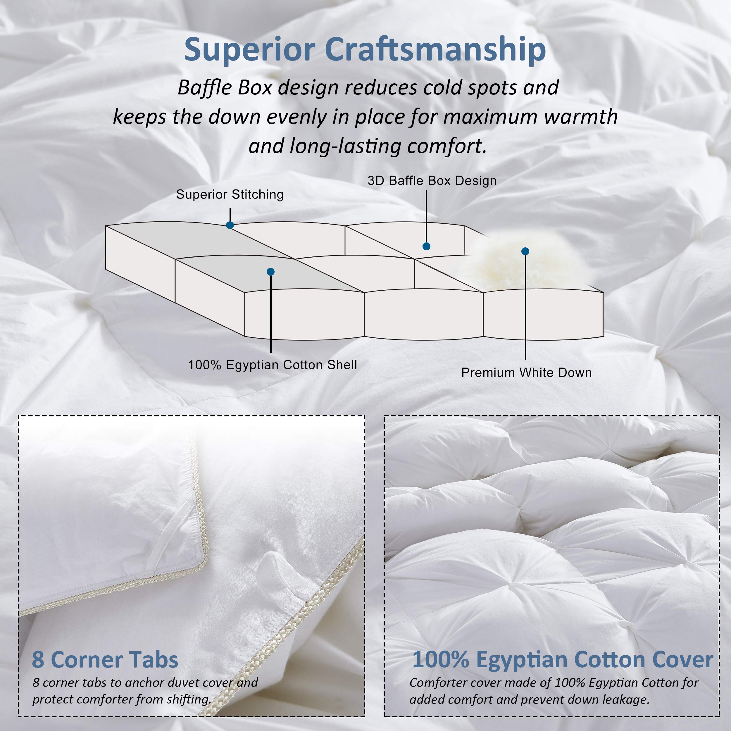 Premium 1500 Thread Count 100% Egyptian Cotton Siberian Goose Down Comforter - 50oz King/California King Size White Baffle Box Construction - Luxury Bedding for Cold Winter Nights & Cozy Hotel-Style Sleep