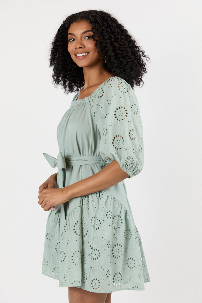 Elegant Sage Green Eyelet Off-The-Shoulder Summer Dress for Women - Perfect for Beach Vacations, Date Nights & Outdoor Weddings