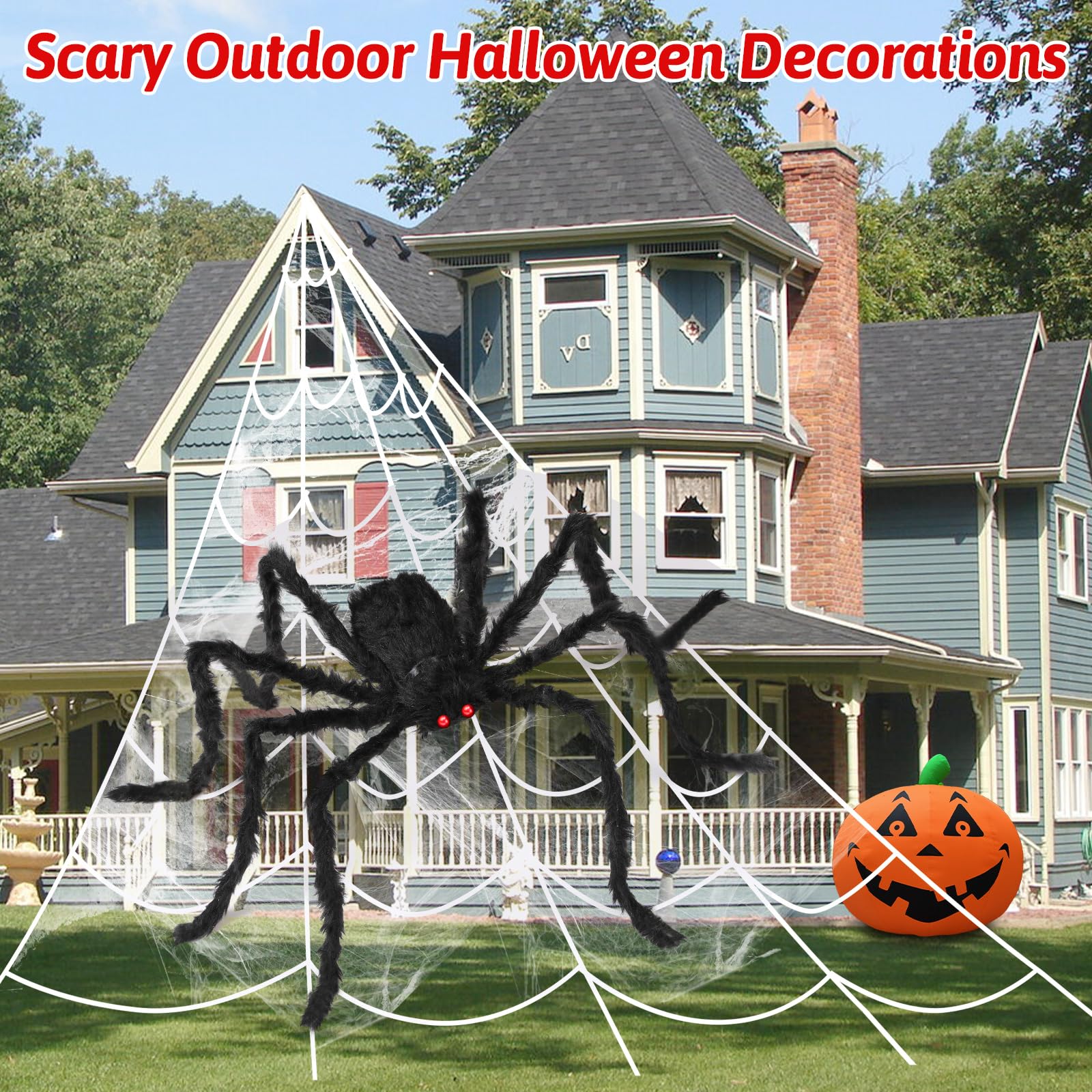 EZIGO Halloween Giant Spider Decorations Set - 3PCS Large Spiders with Stretchable Spider Web for Outdoor Haunted House, Yard & Party Decor - Perfect for Halloween Decorations, Scary Props & Spooky Themed Events