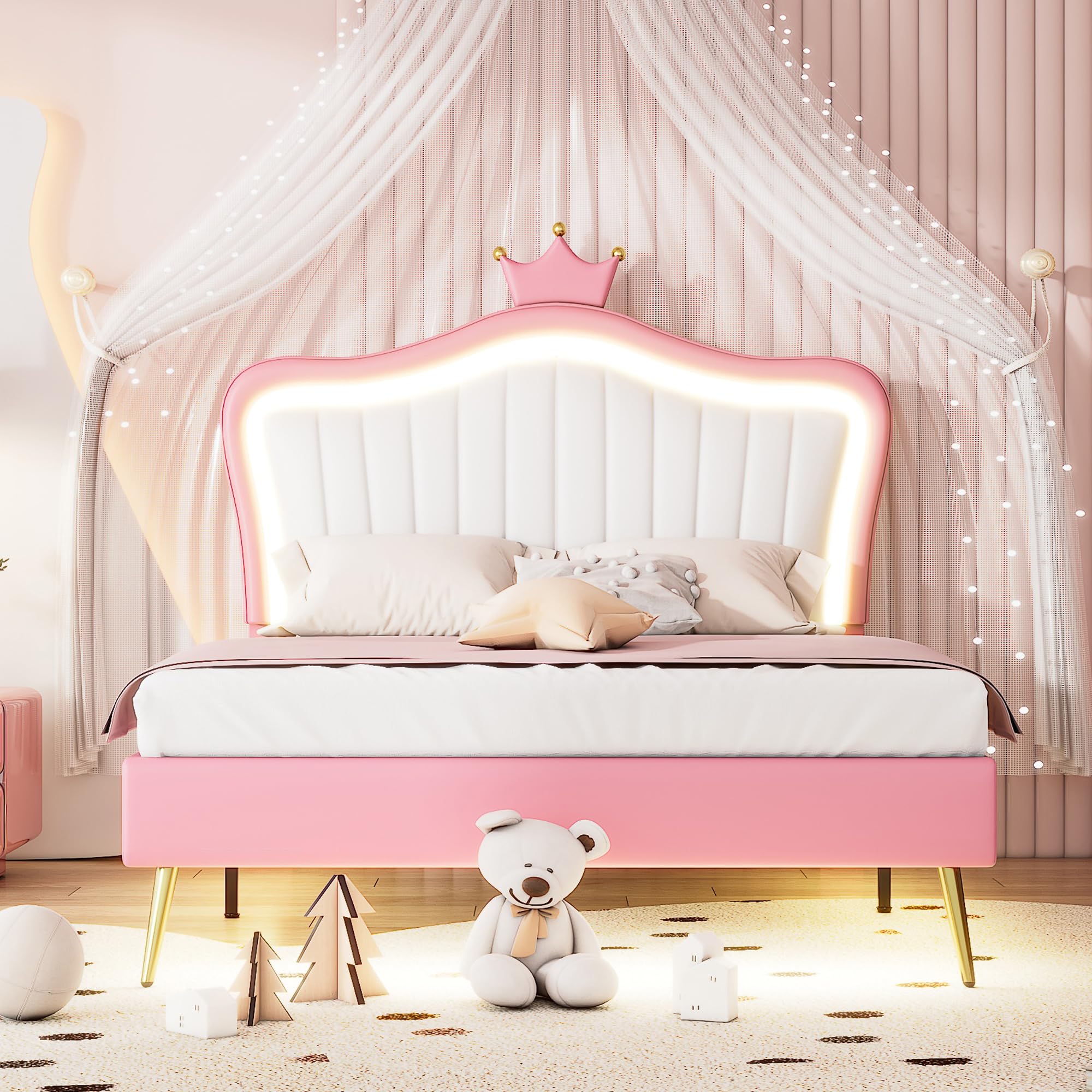 Linique Full Size Upholstered Bed Frame with LED Lights - Modern Princess Bed with Crown Headboard in White & Pink | Perfect for Girls' Bedroom, Teen Room & Luxury Bedroom Decor