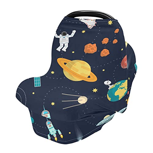 Adorable Space-Themed Baby Car Seat Cover for Boys & Girls - Stretchy Infant Car Canopy, Warm & Breathable - Perfect for Nursing, Breastfeeding Cover & Baby Shower Gifts - Great for Travel, Shopping & Outdoor Adventures