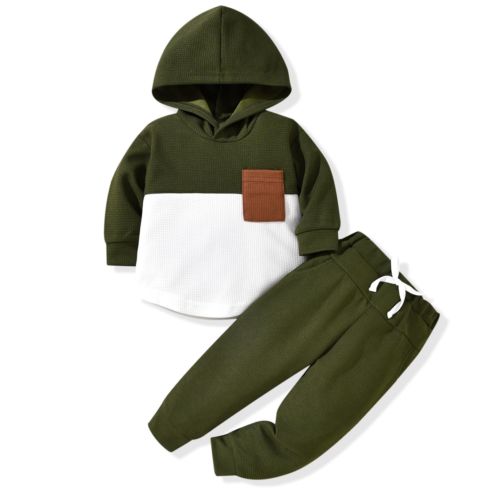 Boys' Fall Winter Waffle Hooded Sweatshirt & Pants Outfit Set - Color Block Long Sleeve Toddler Clothes for Playdates & Outdoor Activities