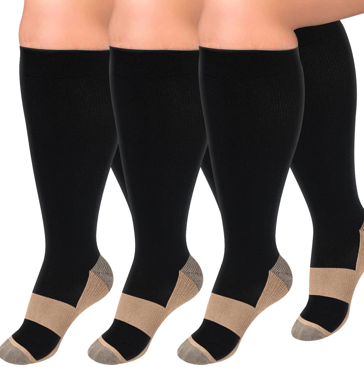 3 Pairs Diu Life Plus Size Compression Socks for Women & Men - Wide Calf Knee High Support Socks for Circulation - Perfect for Travel, Running & Nursing
