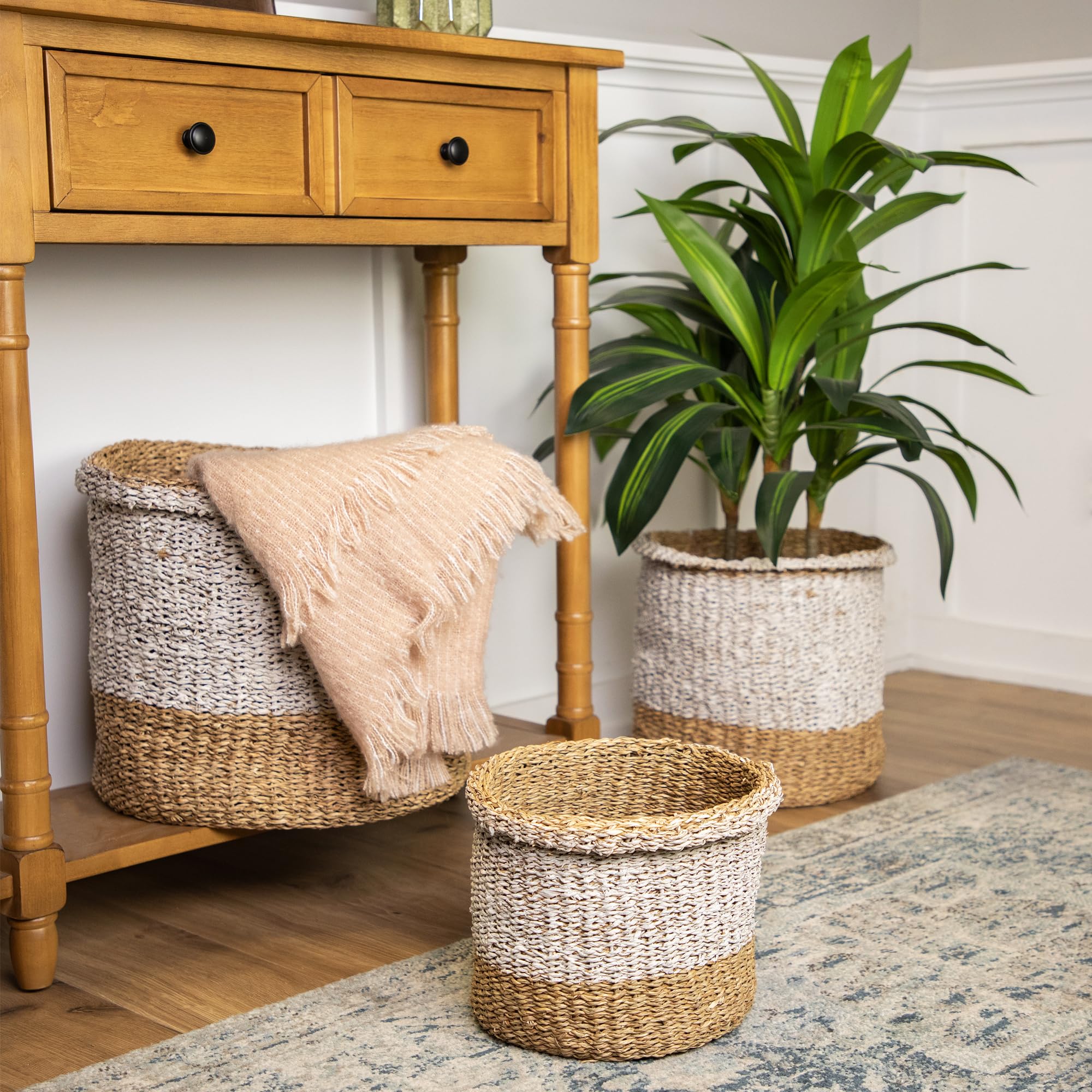Round Wicker Baskets Set of 3 - Beige & White for Home Decor & Storage