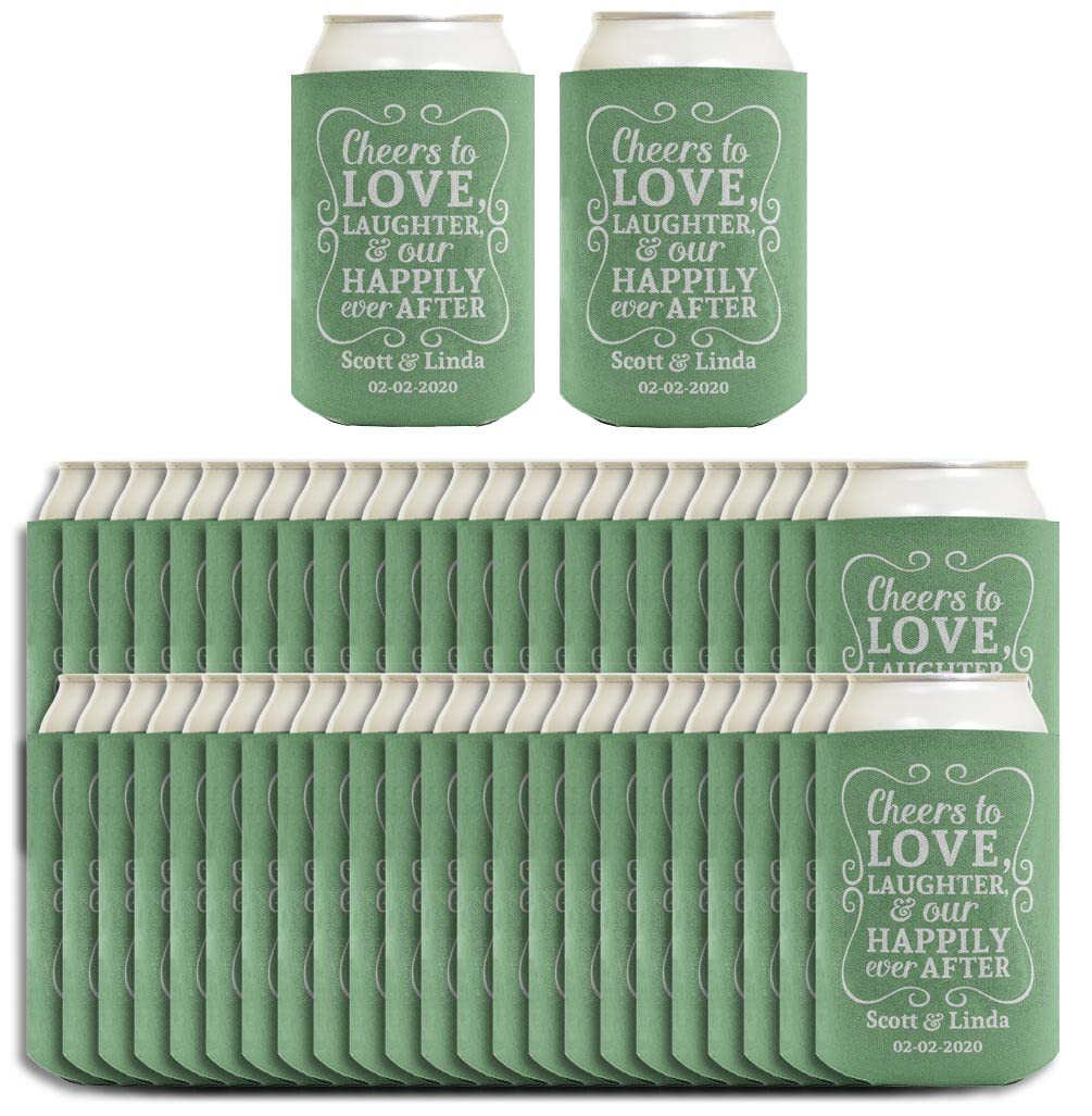 Cheers To Love Custom Names & Date 48-Pack Personalized Can Coolers - Sage Green Drink Sleeves for Beer, Soda & Cocktails - Perfect for Weddings, Parties & Outdoor Events