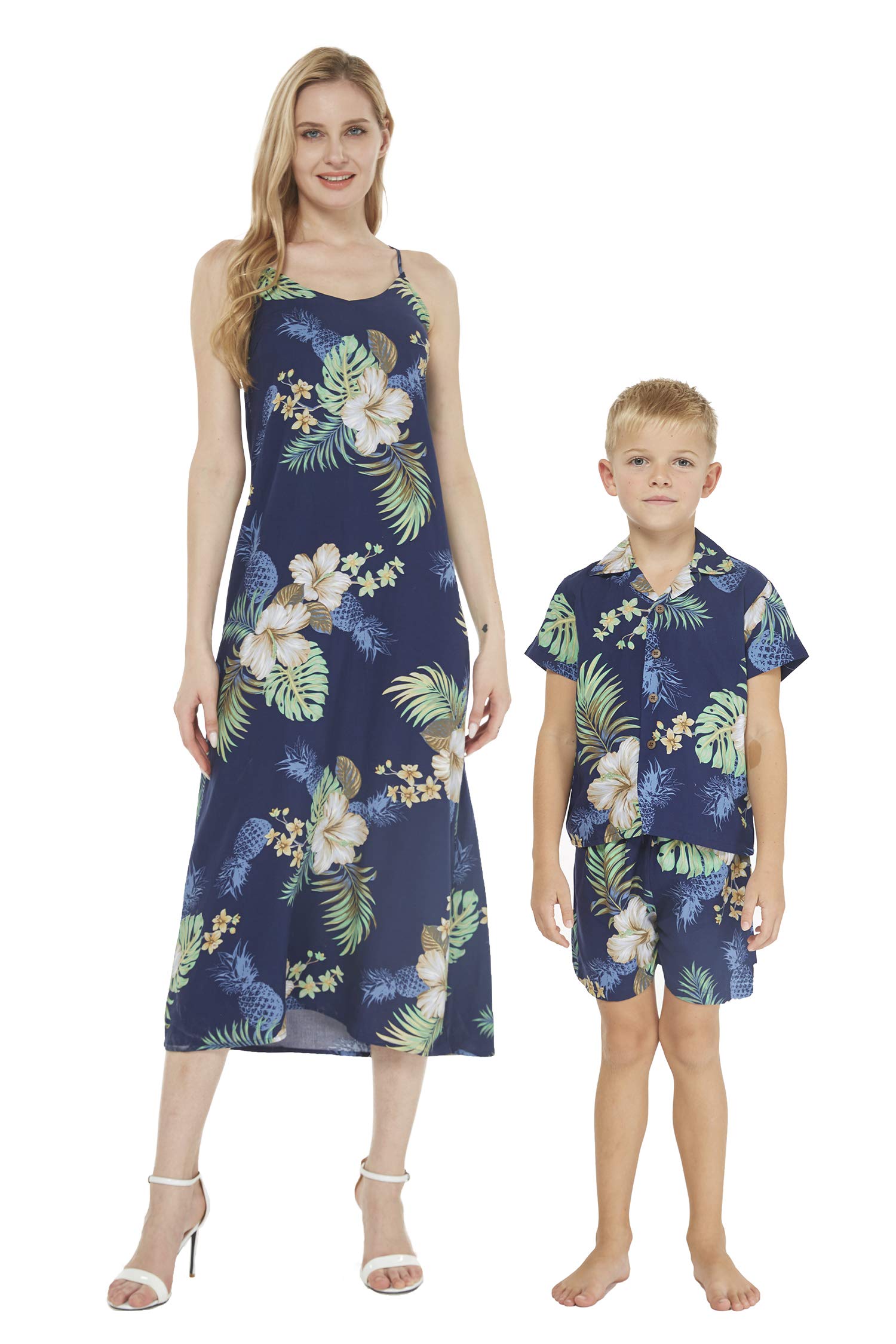 Matching Mother Son Hawaiian Luau Outfit - Floral Print Dress & Shirt Set in Wispy Cereus Black | Tropical Family Matching Outfits for Beach Vacation, Luau Party & Summer Photoshoot