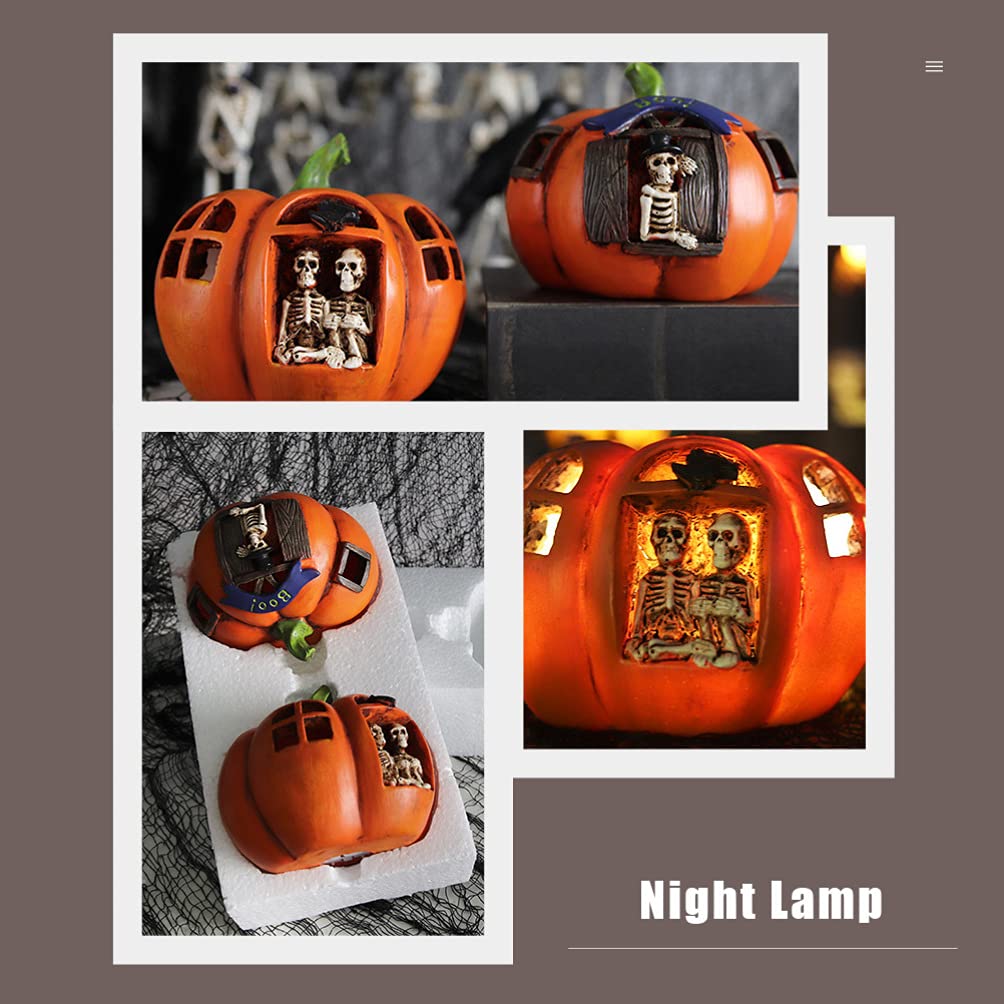 2pcs Halloween Pumpkin Table Lamp - Resin Jack-o-Lantern Night Light with Skull Design for Party Decor, Home & Office Halloween Decoration - Perfect for Spooky Atmosphere, Dinner Table Centerpiece & Holiday Lighting
