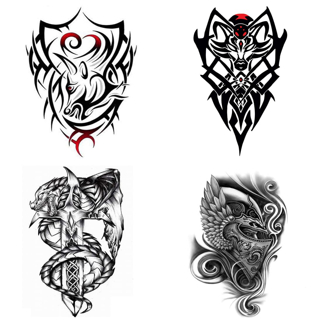 Tribal Black Temporary Tattoos for Men & Women - Pack of 4 Waterproof Fake Tattoo Stickers (2x4 Inch) - Perfect for Parties, Festivals & Body Art