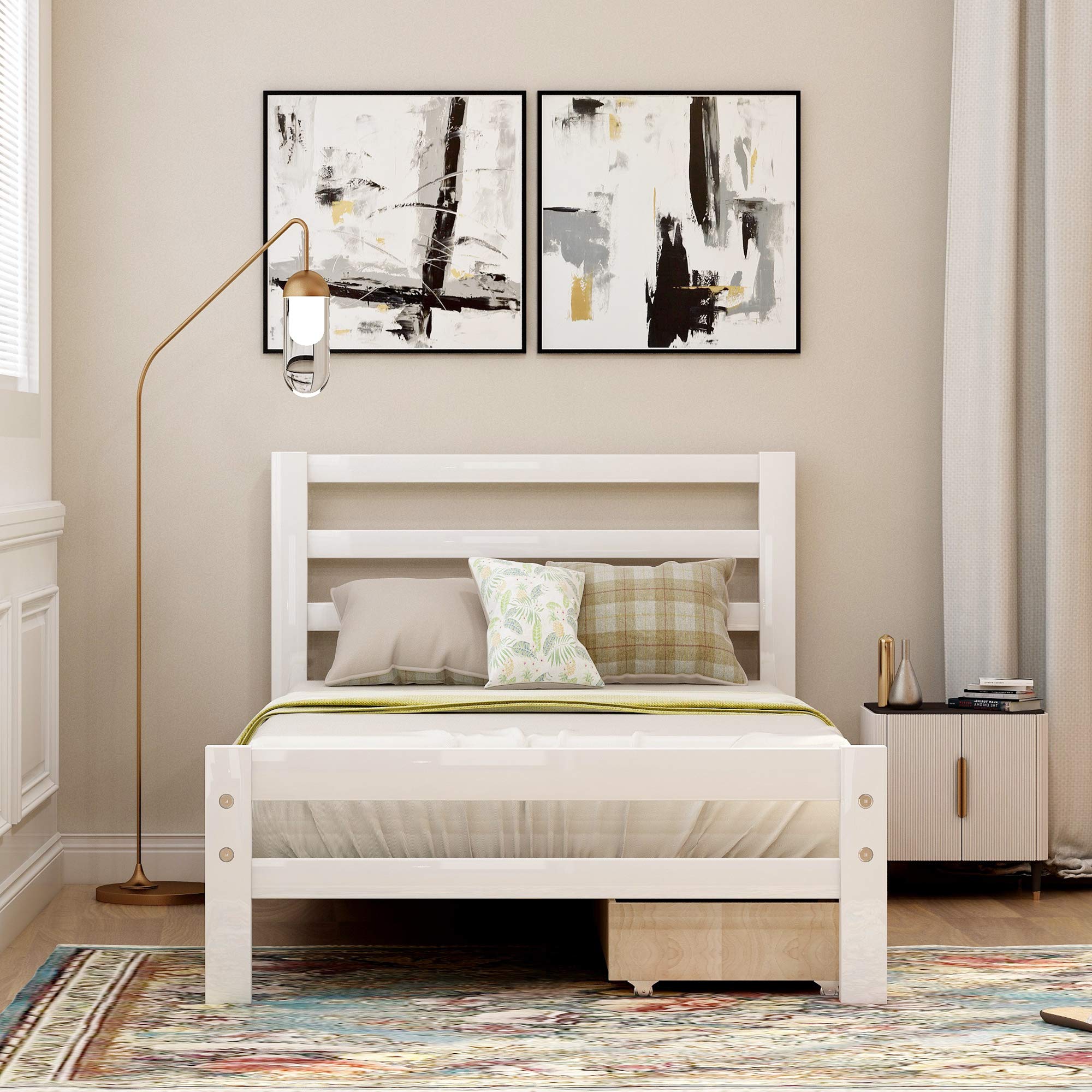 **Solid Wood Twin Platform Bed Frame with 2 Storage Drawers & Headboard - Sturdy Wood Slat Support, No Box Spring Needed - Easy Assembly for Small Bedrooms, Guest Rooms & Dorm Rooms**