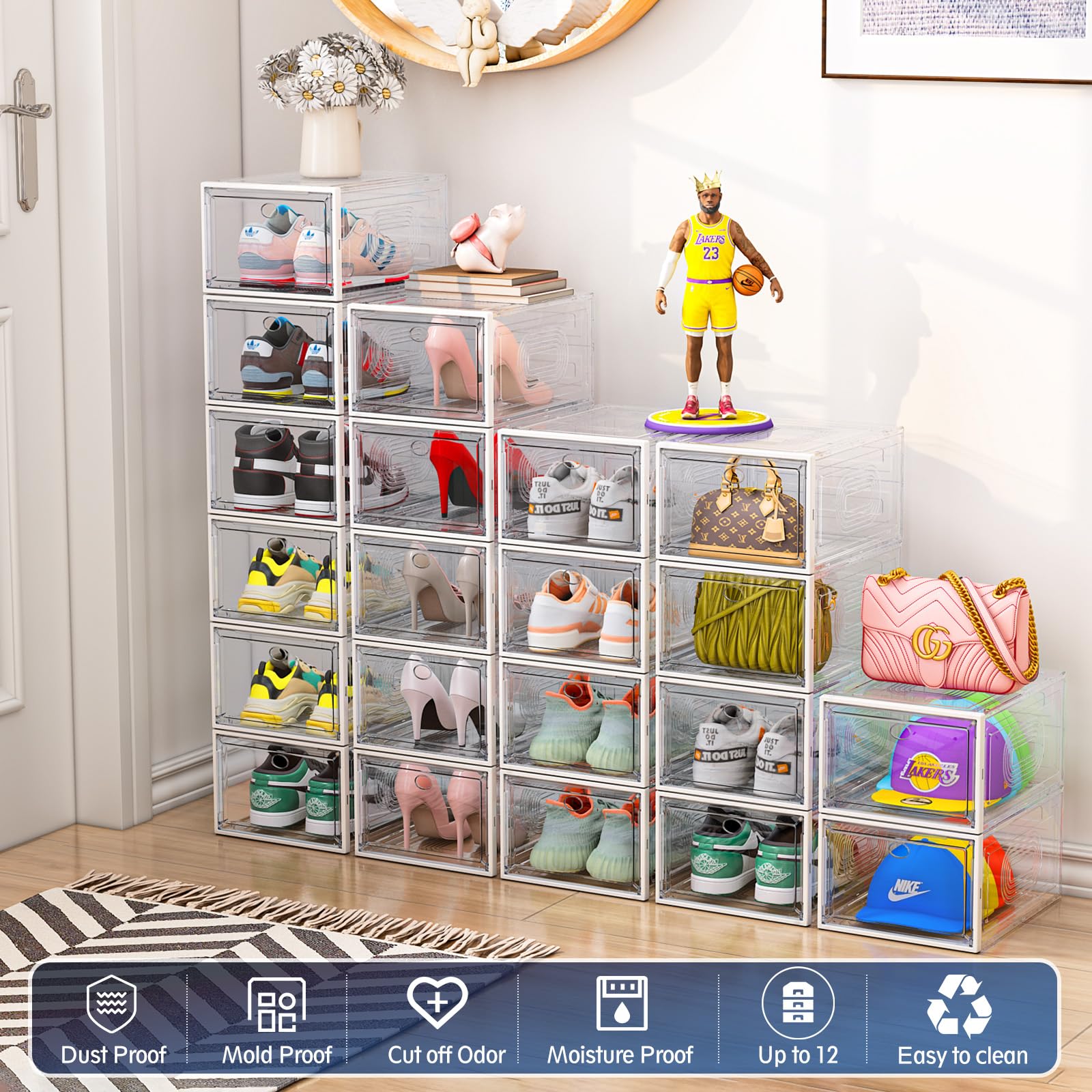 8 Pack Clear Shoe Storage Boxes with Magnetic Door - Stackable Thick Plastic Shoe Organizers for Sneakers, Boots & Closet Organization - Perfect for Wall Mounting & Space Saving in Bedrooms, Dorms & Entryways