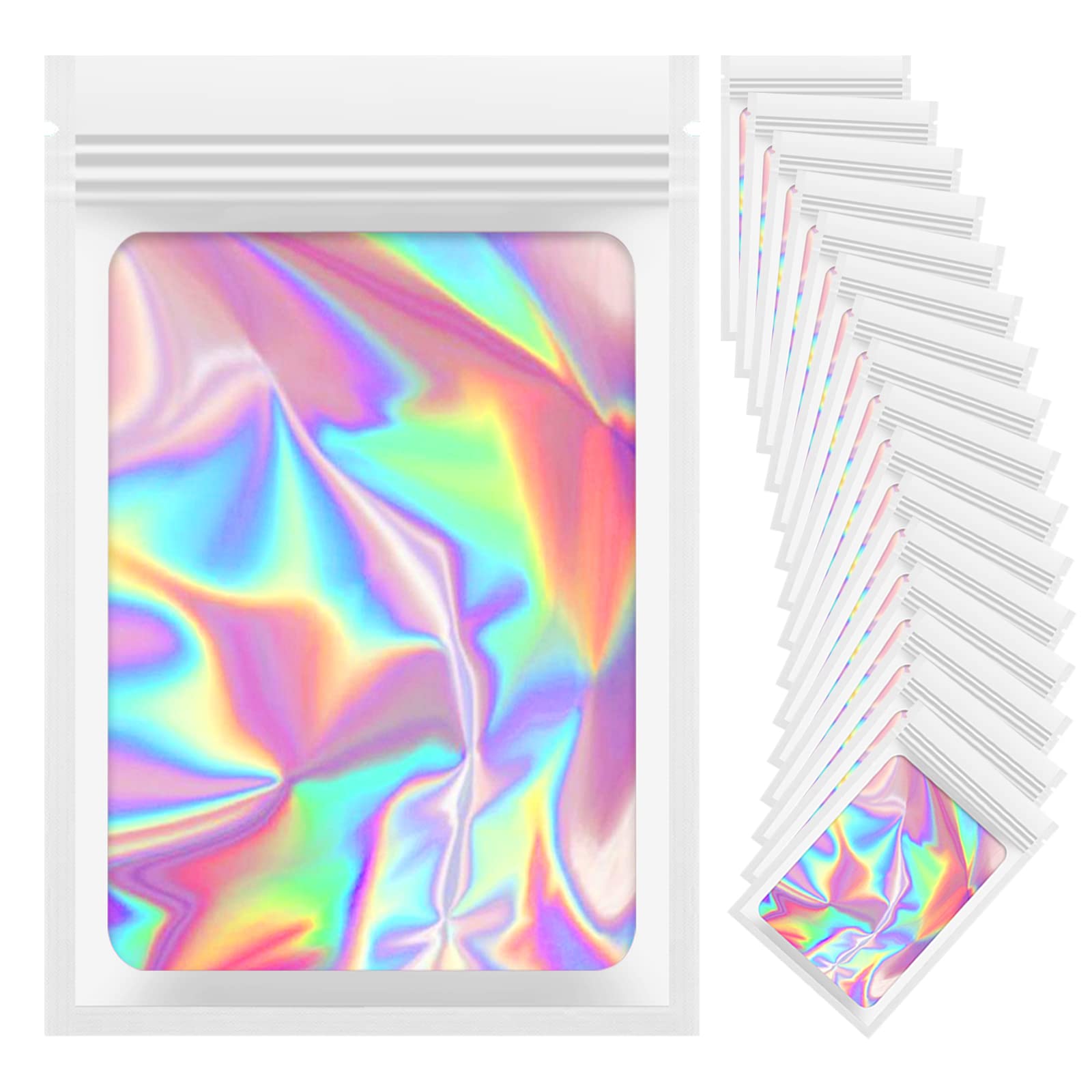 100-Pack 3x4.7 Inch White Holographic Smell Proof Mylar Bags - Resealable Food Storage Bags for Coffee, Tea, Spices | Jewelry & Eyelash Packaging | Small Business Supplies | Perfect for Home, Office & Retail Use