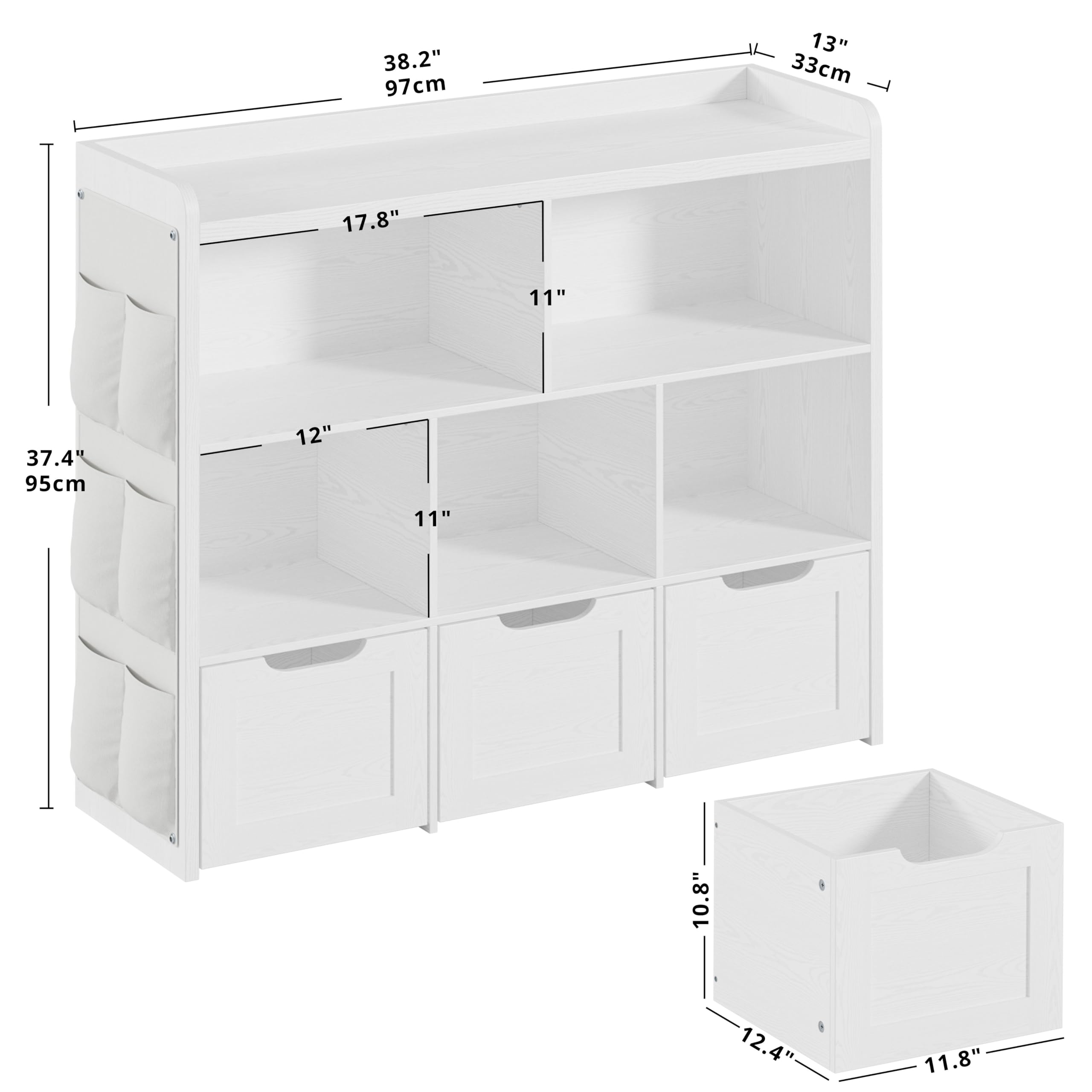 IRONCK 3-Tier Toy Storage Organizer with Movable Drawers & 5 Cubbies - Multifunctional Kids Floor Cabinet for Toys, Books & Clothes - Perfect for Bedroom, Playroom & Nursery - White