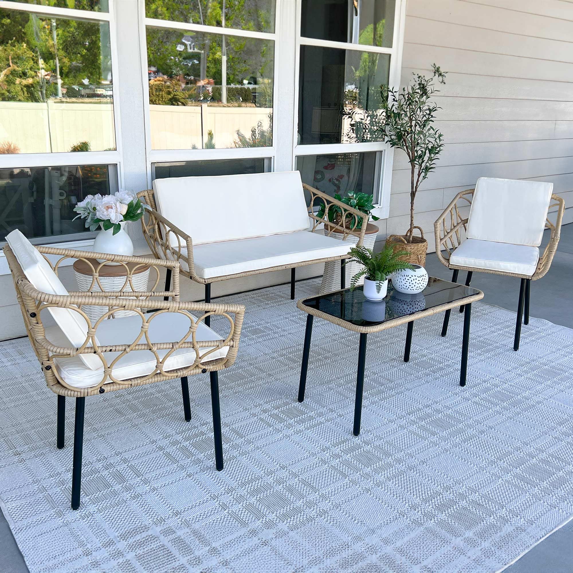 YITAHOME 4-Piece All-Weather Wicker Patio Furniture Set - Outdoor Bistro Conversation Set with Loveseat, Chairs, Table & Cushions for Backyard, Pool, Deck, Garden - Beige | Perfect for Outdoor Dining, Relaxing & Entertaining Guests