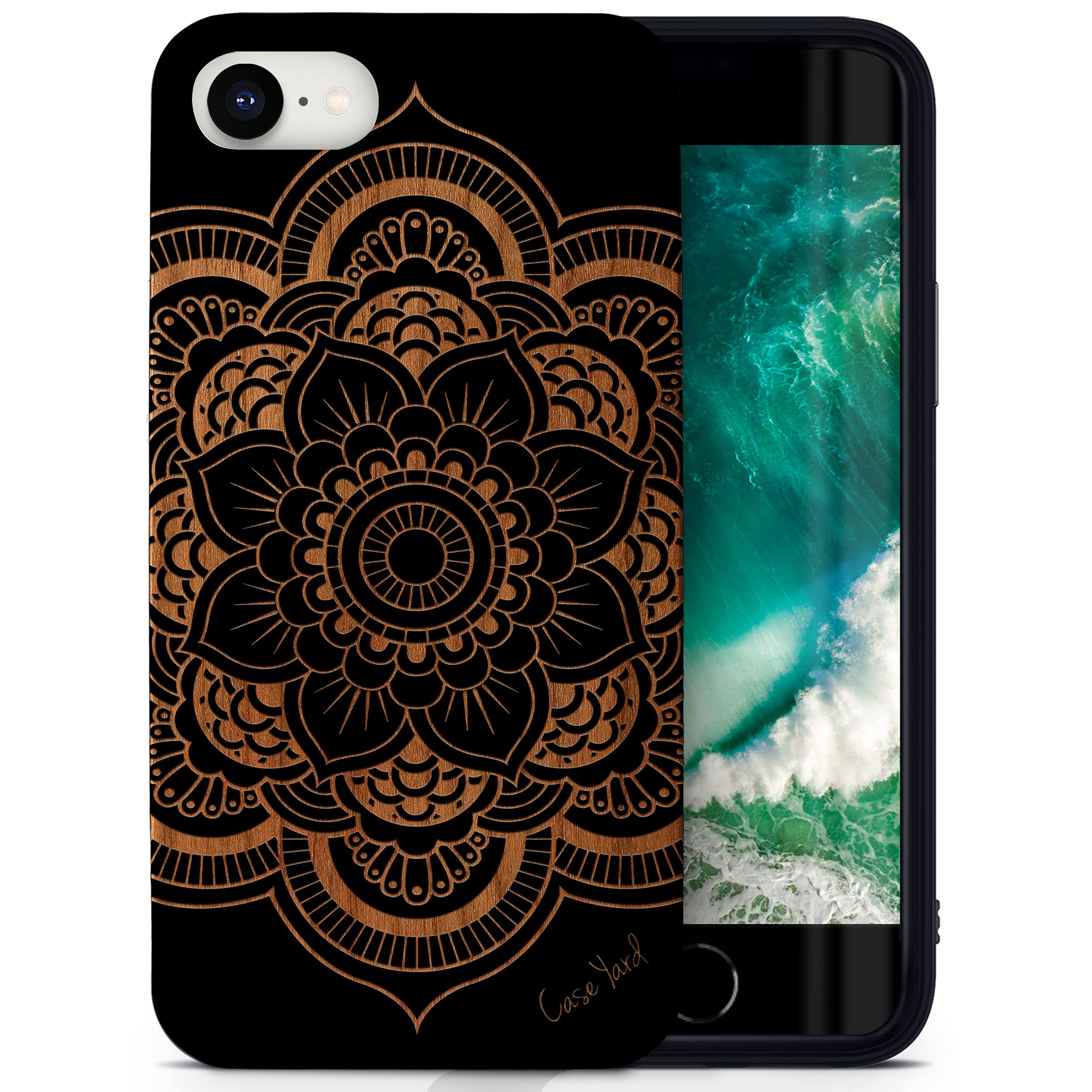 Wooden iPhone SE Case with Laser Engraved Flower Mandala Design - Shockproof Slim Fit Protective Cover for Men & Women - Perfect for Daily Use, Travel & Gift Giving