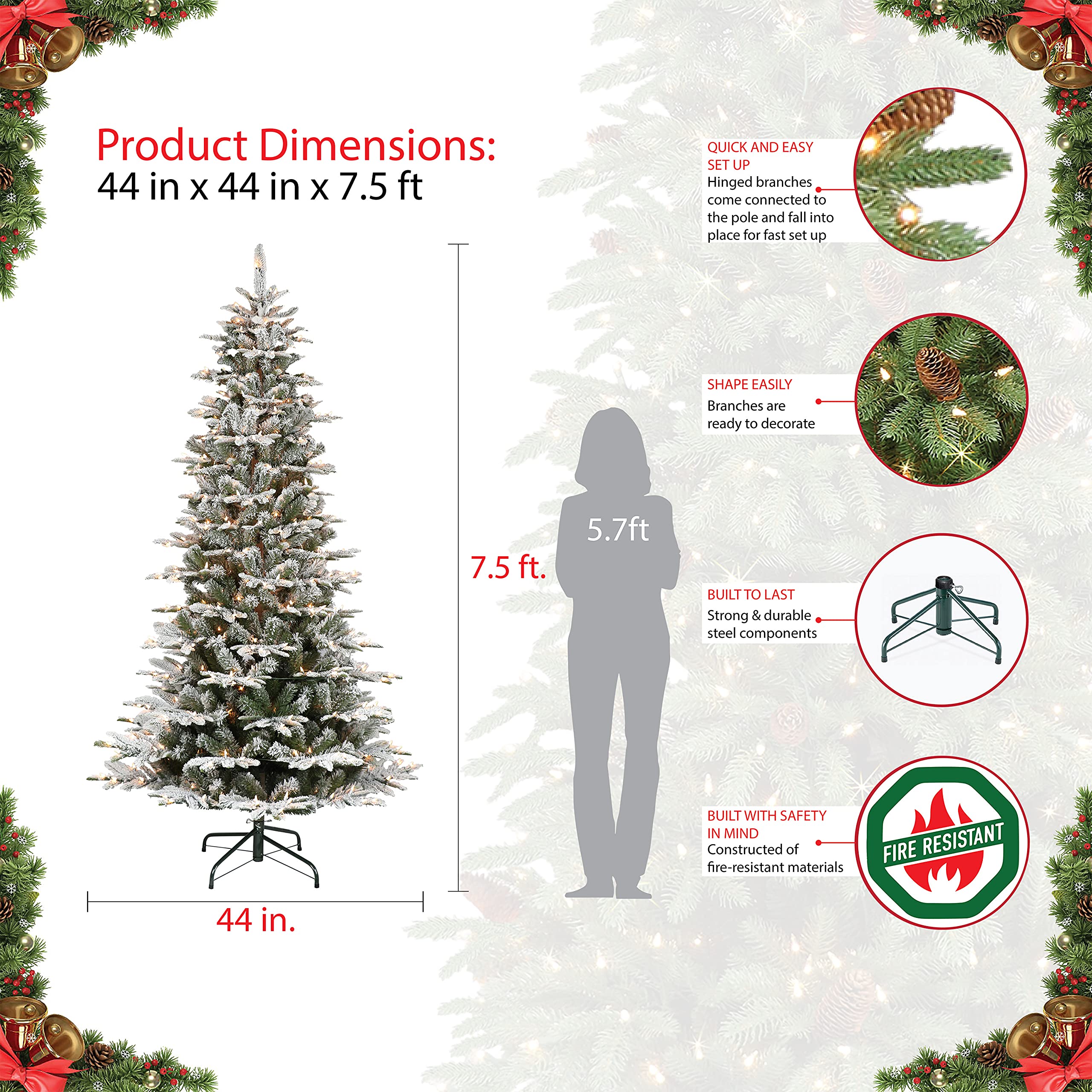 Puleo International 7.5ft Pre-Lit Slim Flocked Artificial Christmas Tree - 450 Clear Lights for Holiday Decor | Perfect for Small Spaces & Cozy Home Decor