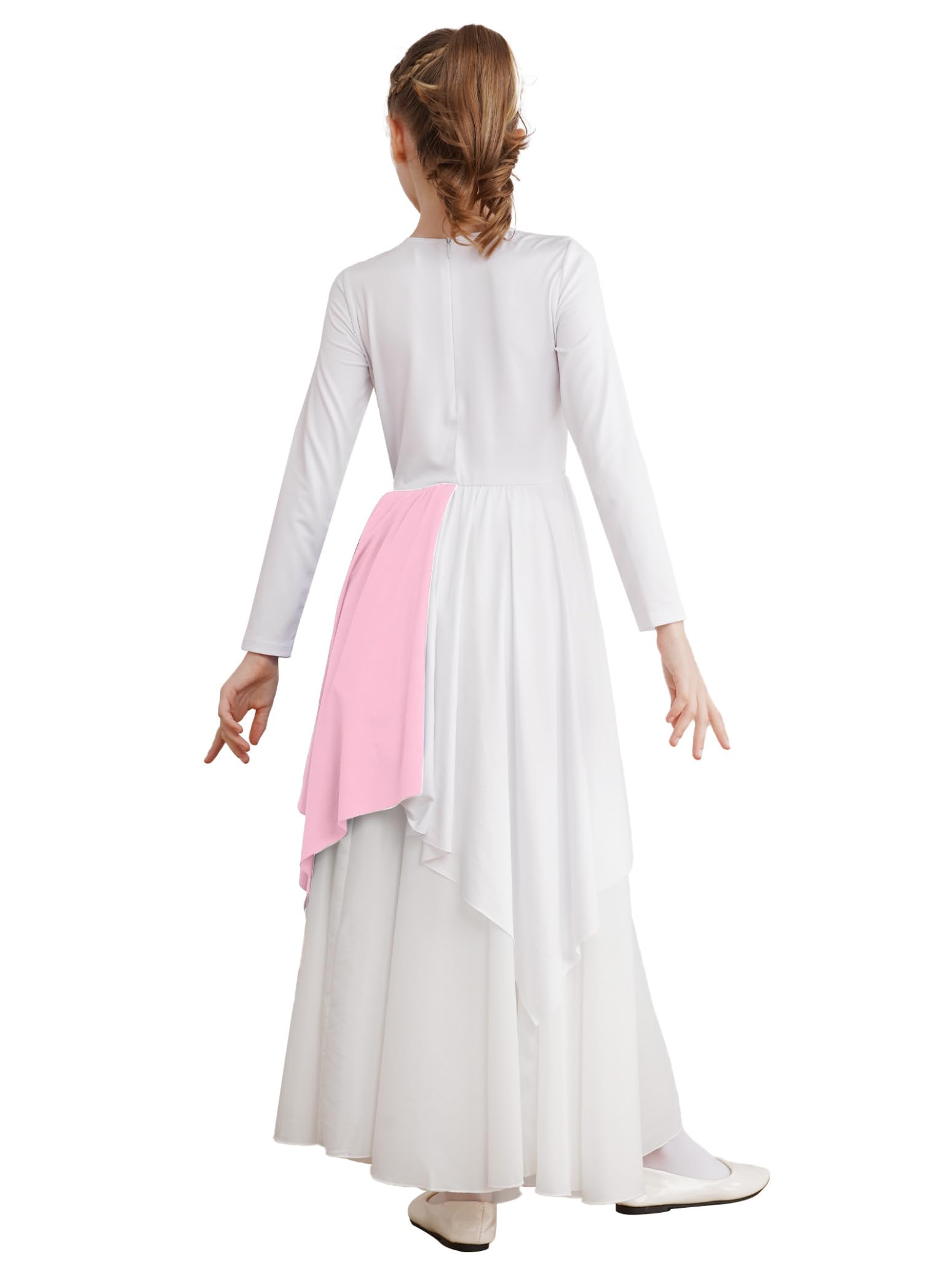 Girls Long Sleeve Metallic Praise Dance Dress - Liturgical Worship Costume with Asymmetrical Design for Church Performances & Sunday Services