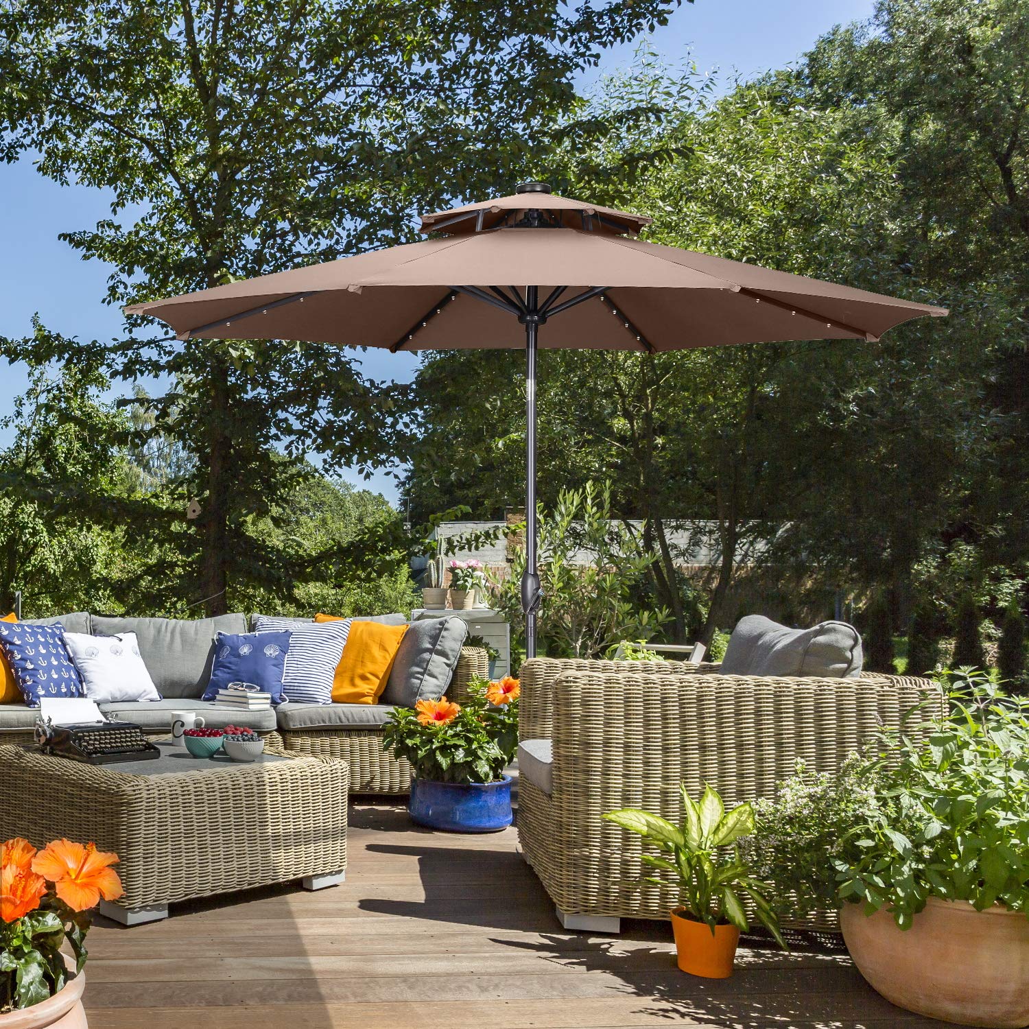 10 ft 2-Tier Windproof Patio Umbrella with 40 LED Solar Lights - Outdoor Market Table Umbrella with Ventilation, Tilt & Crank - Coffee Brown - Perfect for Backyard, Poolside, Restaurant & Outdoor Dining Areas