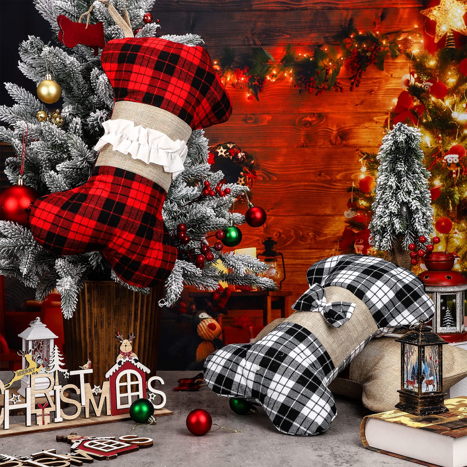 Frienda 3-Piece Buffalo Plaid Christmas Stockings for Dogs - 16.5x10 Inch Red & Black Burlap Pet Stockings with Bone Design - Large Hanging Xmas Tree Decorations for Pets (Classic Style) - Perfect for Holiday Pet Photos & Christmas Morning Surprises