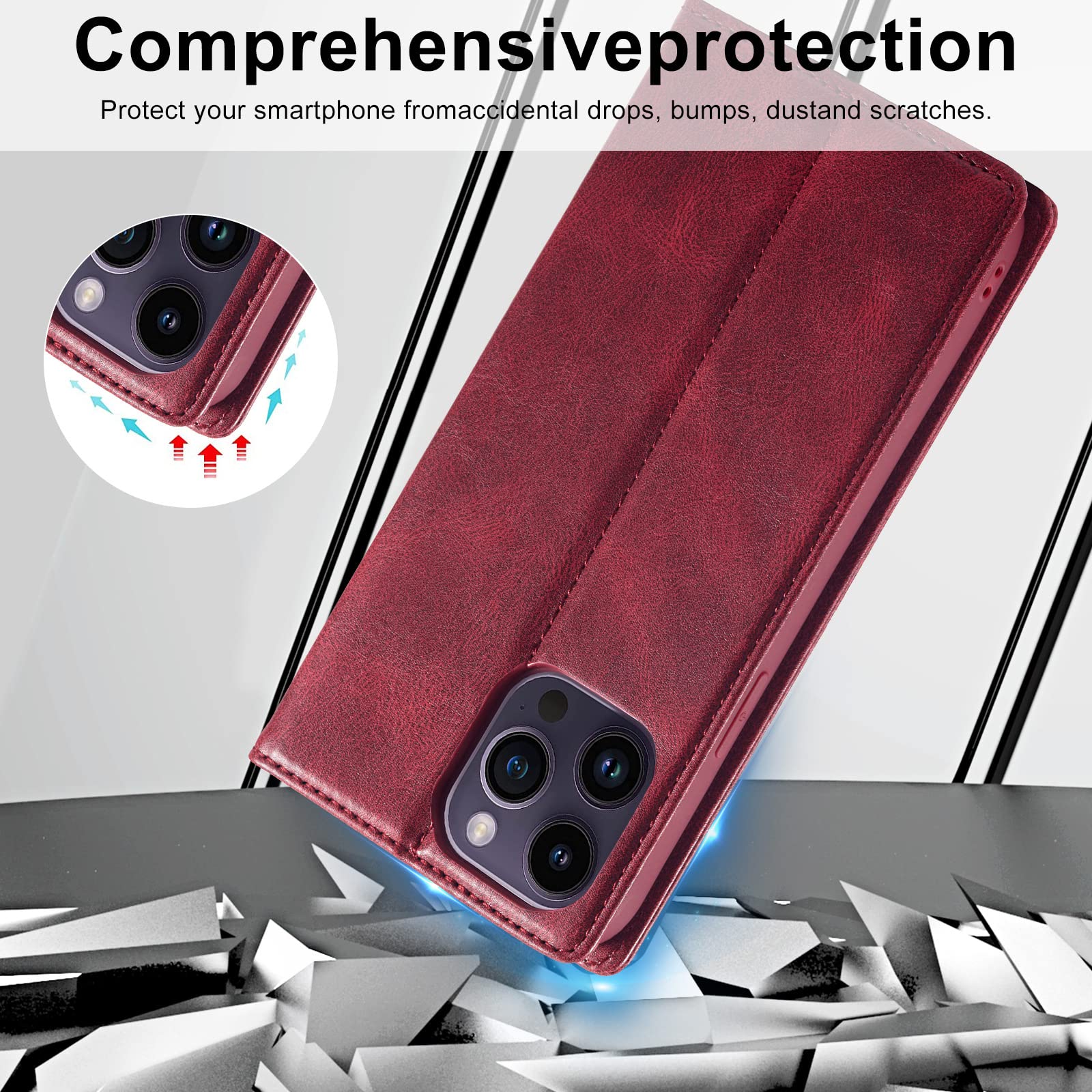 Premium Leather JabrOn Wallet Case for iPhone 14/14 Plus/14 Pro/14 Pro Max - Magnetic Flip Cover with Card Holder, Kickstand & TPU Protection (Red) - Perfect for Business, Travel & Everyday Use
