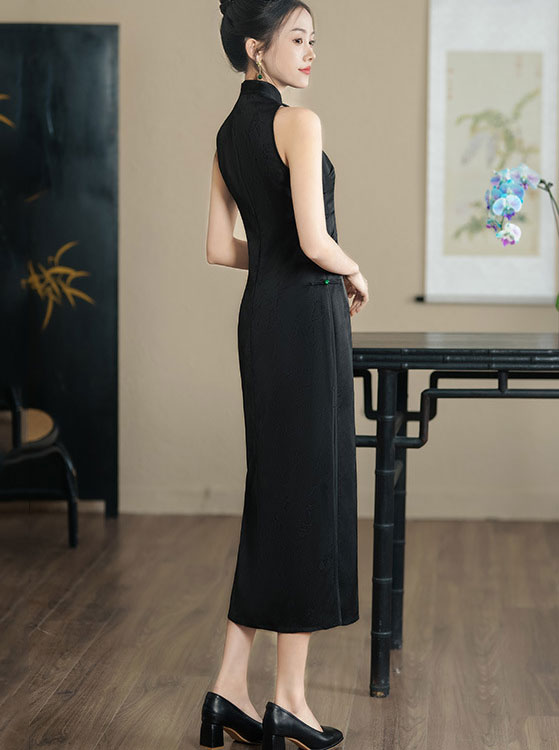 Elegant Red and Black Jacquard Halter Cheongsam Qipao Dress for Women | Vintage Chinese Style Evening Gown | Perfect for Parties, Weddings & Special Occasions