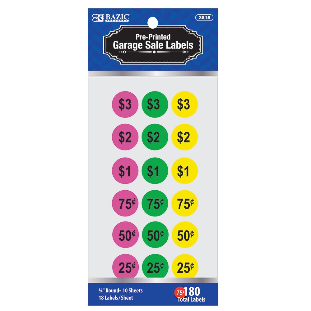 BAZIC 180-Pack Garage Sale Labels - 144 Case Bulk - Perfect for Yard Sales, Flea Markets & Organizing Household Items