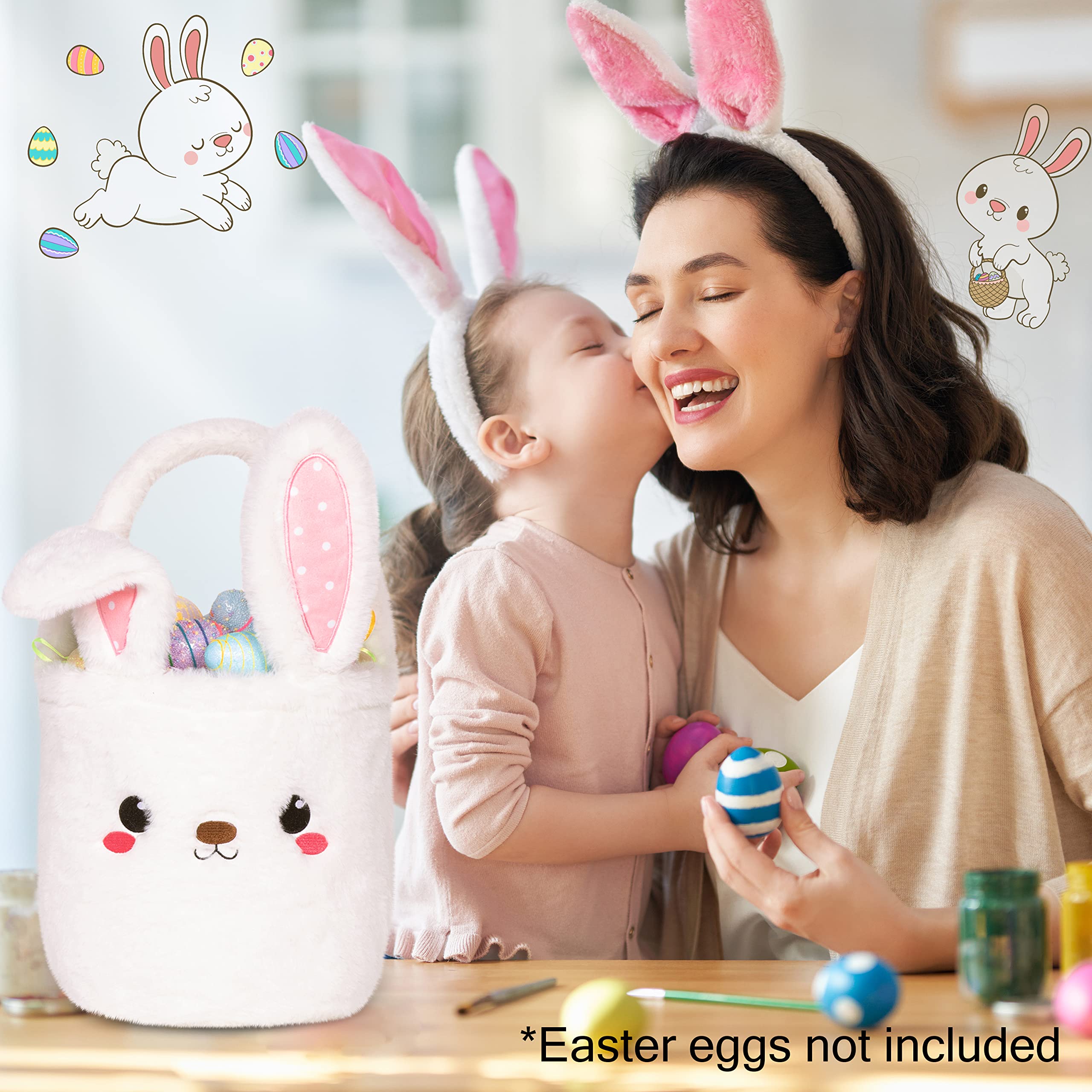 Easter Bunny Basket for Kids - Cute Plush Foldable Ears Easter Egg Hunt Tote with Handle - 9x9 Inch White Candy Bag Gift for Boys Girls Teens - Perfect for Easter Decorations, Egg Hunts & Party Favors