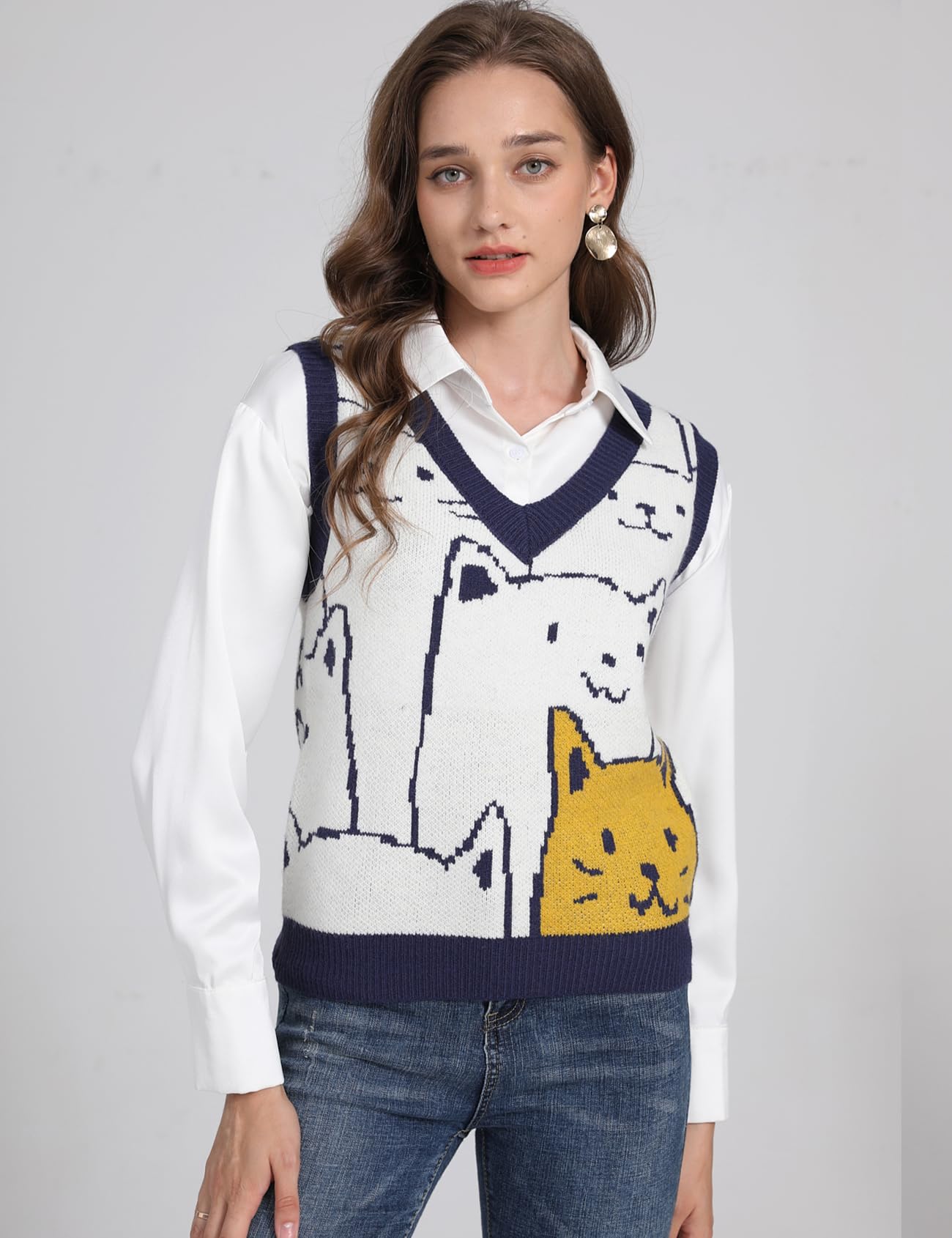 Gihuo Women's Cat Print V-Neck Sweater Vest - Y2K Graphic Knitted Pullover Sleeveless Knitwear Cute Tunic Top for Casual Outfits & Streetwear Fashion