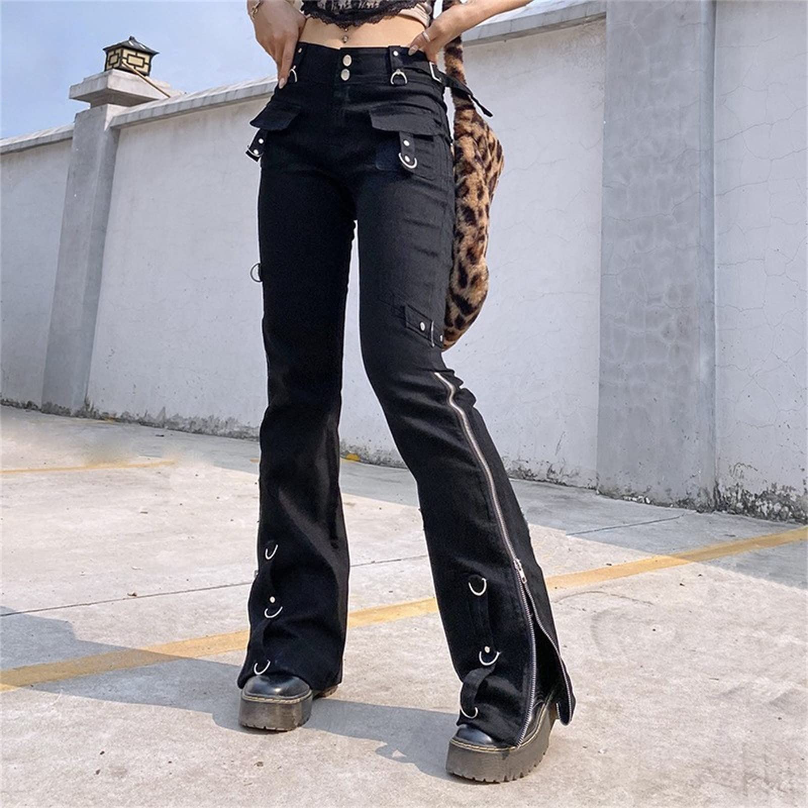 Women's High Waist Cargo Denim Pants - Goth Punk Jeans for Streetwear & Casual Wear | Wide Leg Straight Fit for Everyday Outfits & Alternative Fashion
