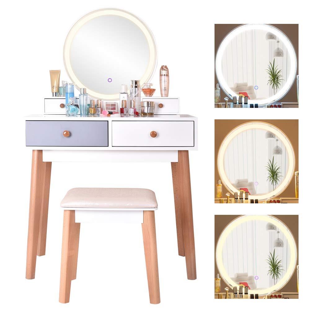 Vanity Table Set with Touch Screen Dimming Mirror - 3 Color LED Lighting Modes, 4 Sliding Drawers & Cushioned Stool - Modern Dressing Table for Women & Girls | Perfect for Bedroom Makeup, Beauty Routine & Home Decor