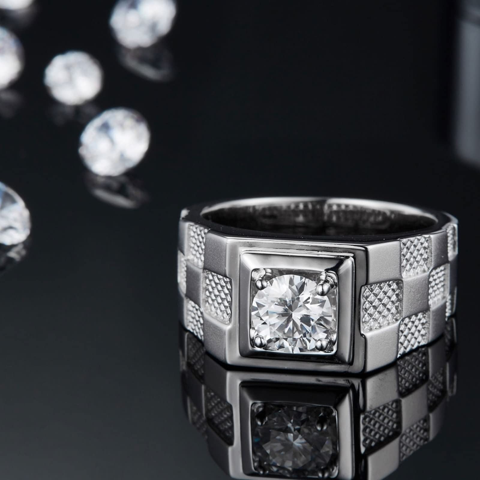 Men's Promise Rings Sterling Silver - White Gold Grid Wide Band with Zirconia - Wedding, Engagement & Anniversary Jewelry for Him - Perfect Gift for Boyfriend, Husband & Special Occasions