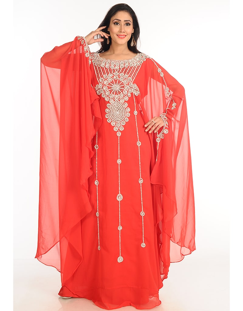 Arabic Peach Georgette Hand Zari Embroidered Farasha Dress - Elegant Evening Wear for Parties & Special Occasions