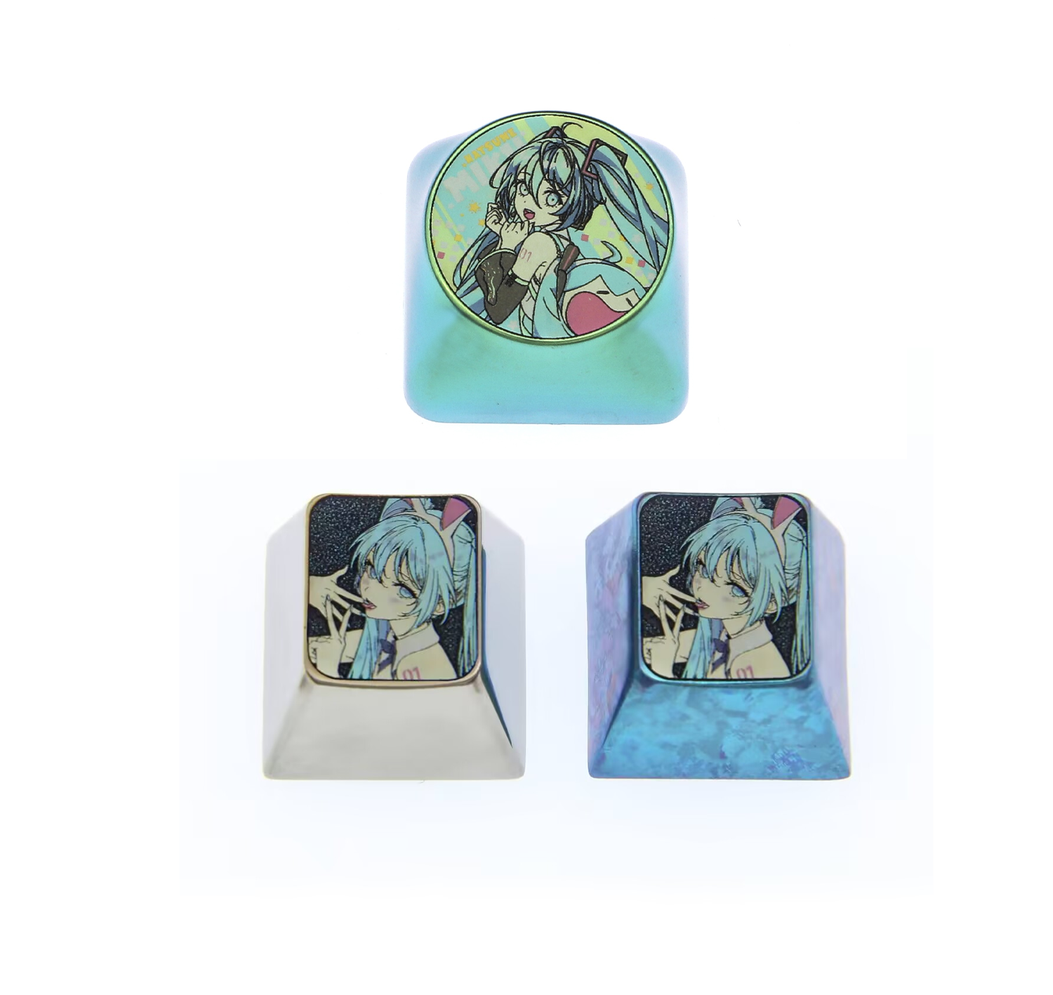 Custom Titanium Alloy Hatsune Miku Anime Keycaps - 1U Round Base Metal Keycaps for Mechanical Keyboards | Perfect for Gaming, Typing & Anime Fan Collections