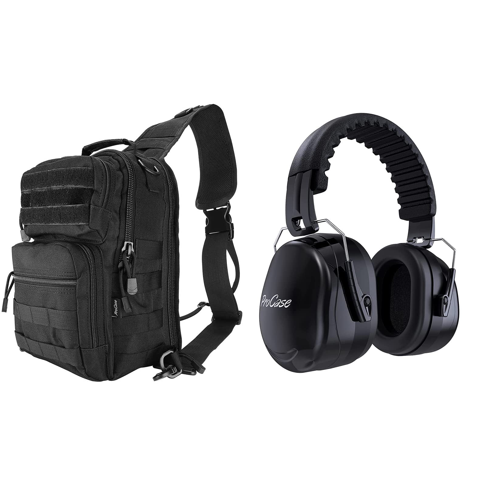 ProCase Tactical Sling Bag Pack with Noise Reduction Safety Ear Muffs - Compact Crossbody Chest Bag for Shooting Range, Hunting, Travel & Outdoor Activities