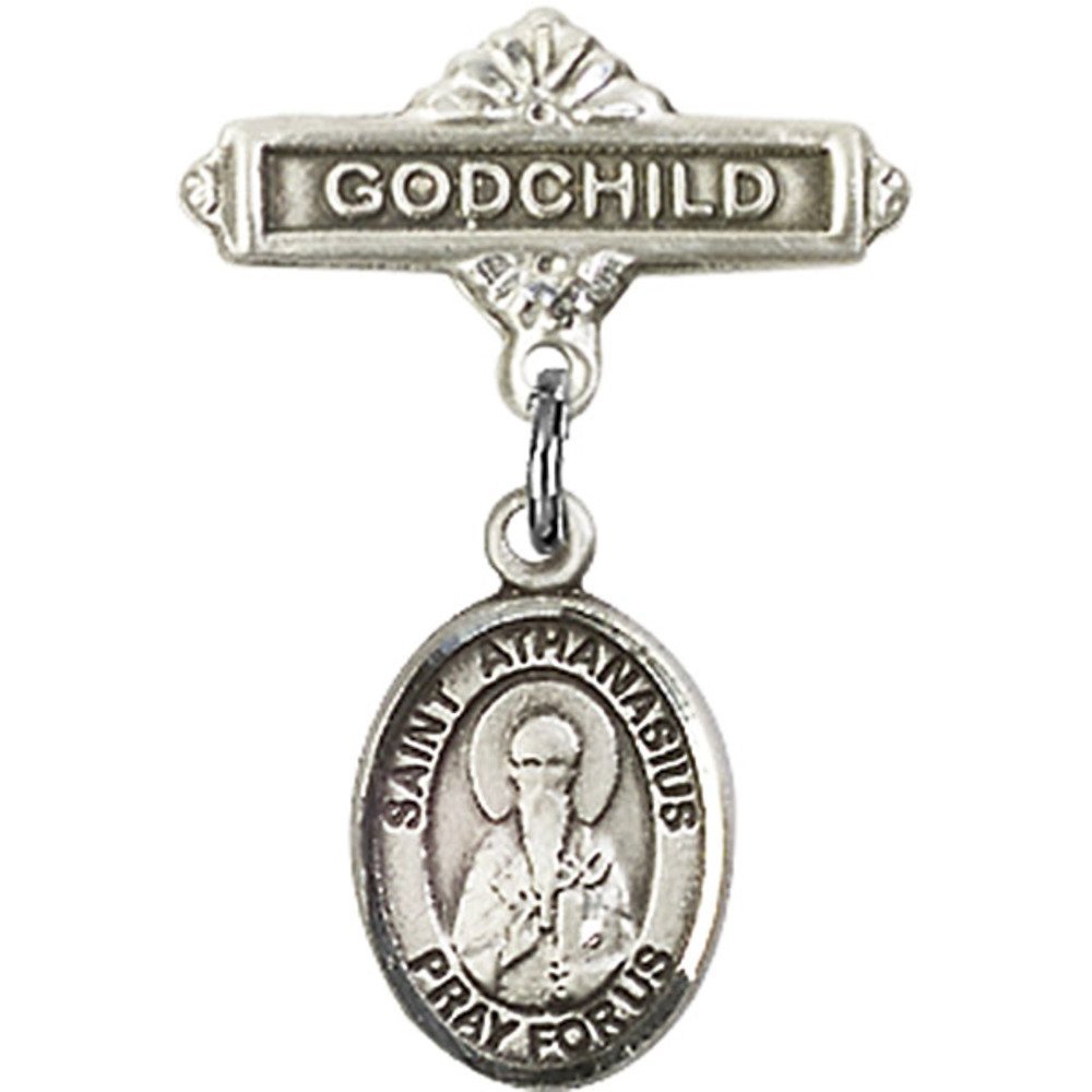 St. Athanasius Sterling Silver Baby Badge & Godchild Pin - 1 x 5/8 Inch - Perfect for Christenings, Baptisms & Religious Gifts