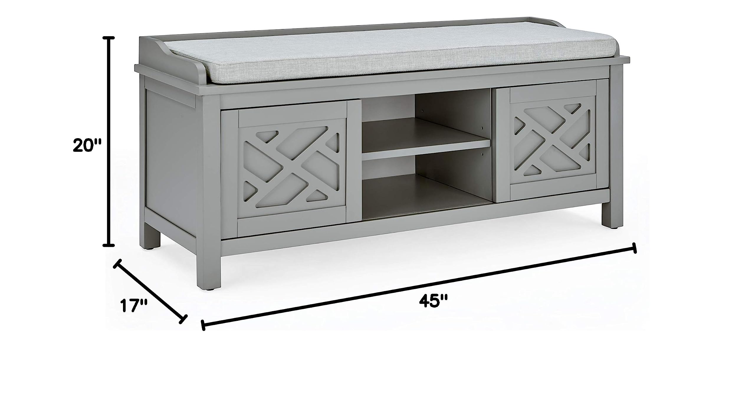 Coventry 45-inch Wooden Storage Bench with Cushion & Decorative Side Panels - Gray Accent Table for Entryway, Mudroom & Laundry Room - Adjustable Removable Shelves - Perfect for Home Organization & Cozy Seating