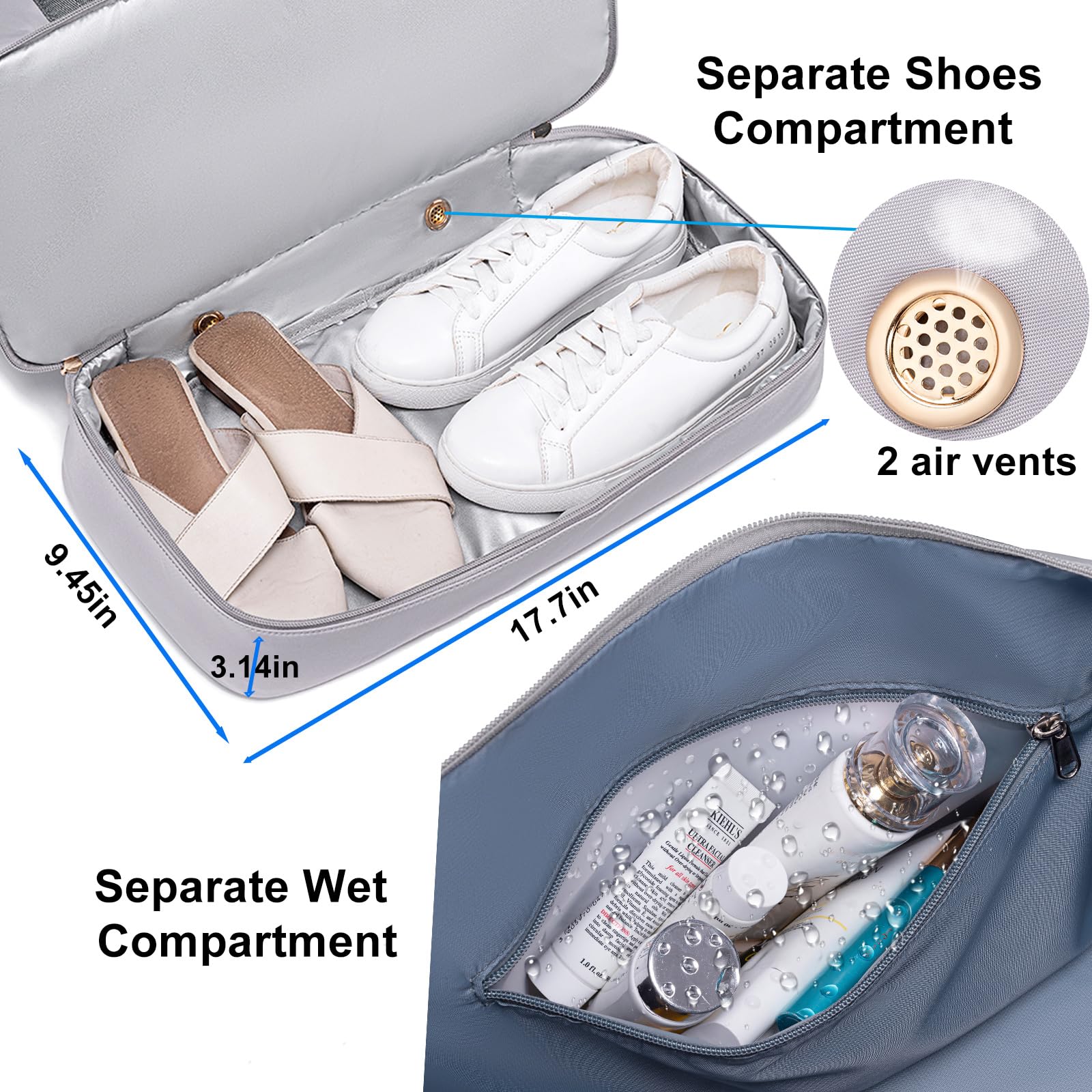 Weiatas Travel Duffel Bag for Women - Lightweight Weekender Overnight Gym Bag with Shoe Compartment & Wet Pocket, Carry On Luggage with Yoga Mat Strap (Grey) - Perfect for Gym, Yoga, Weekend Trips & Air Travel