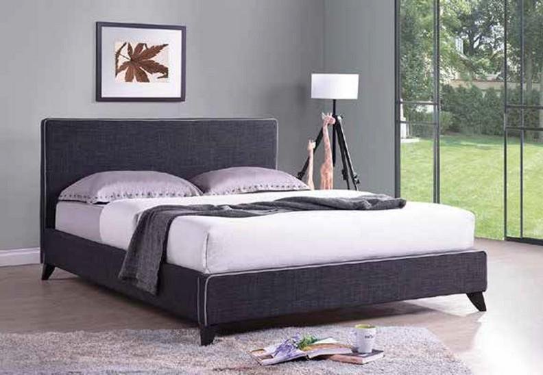 Charcoal Grey Fabric Upholstered Bed Frame with White Piping - Queen Size Modern Platform Bed for Master Bedroom, Guest Room & Apartment