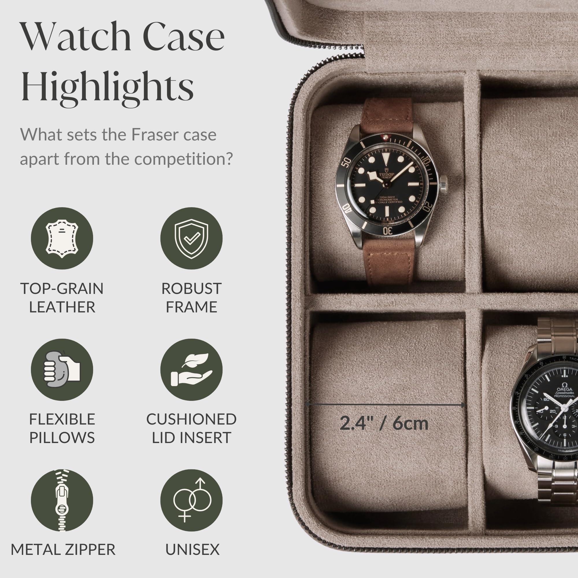 TAWBURY 8 Slot Luxury Watch Case - Genuine Leather Watch Box with Plush Microsuede Interior & M-Shaped Pillows for 8 Watches | Portable Watch Storage Organizer for Travel, Home Display & Gift (Taupe)