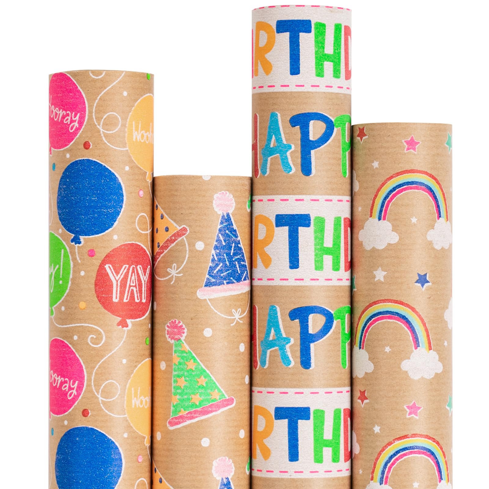 Colorful Rainbow Birthday Wrapping Paper Rolls - 4 Rolls Kraft Gift Wrap (30