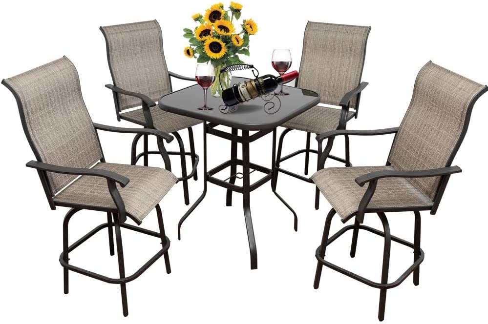 5-Piece Outdoor Bar Set with Swivel Chairs & Square Table - All-Weather Patio Furniture for Backyard, Poolside or Deck - 360° Rotating Textilene Mesh Chairs with Umbrella Hole - Perfect for Entertaining & Relaxing