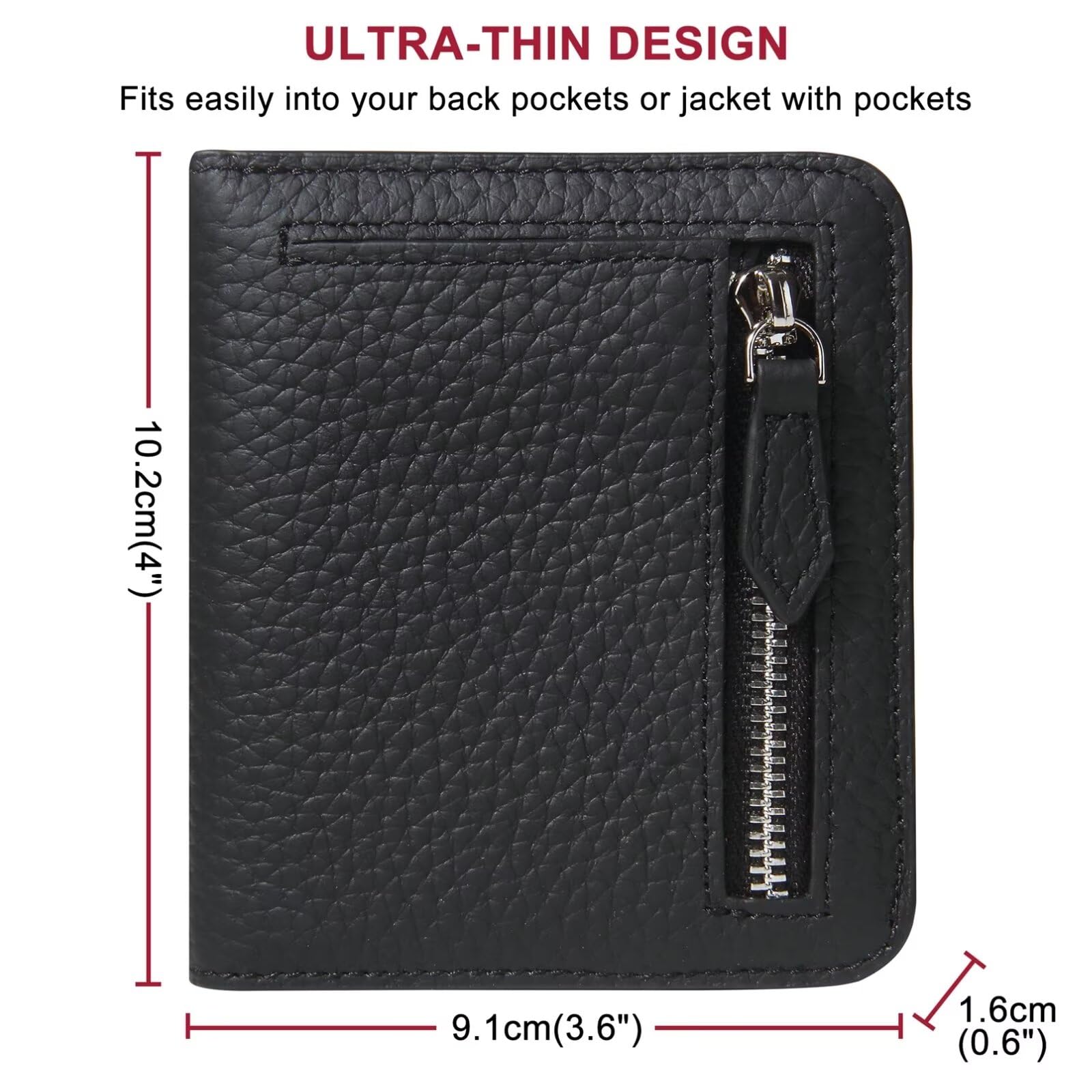 GADIEMKENSD Genuine Leather RFID Blocking Bifold Wallet - Ultra Slim Minimalist Credit Card Holder with Zipper & Coin Pocket - Perfect for Everyday Carry, Travel, and Business (Black)