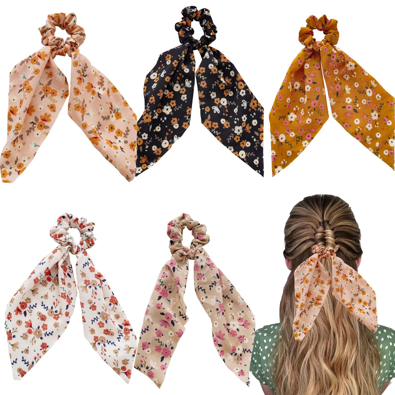 5-Piece Floral Hair Scarf with Ribbon Bow & Chiffon Scrunchies Set - 2-in-1 Hair Ties & Long Hair Bands for Women & Girls - Perfect for Ponytails, Boho Style & Summer Outfits