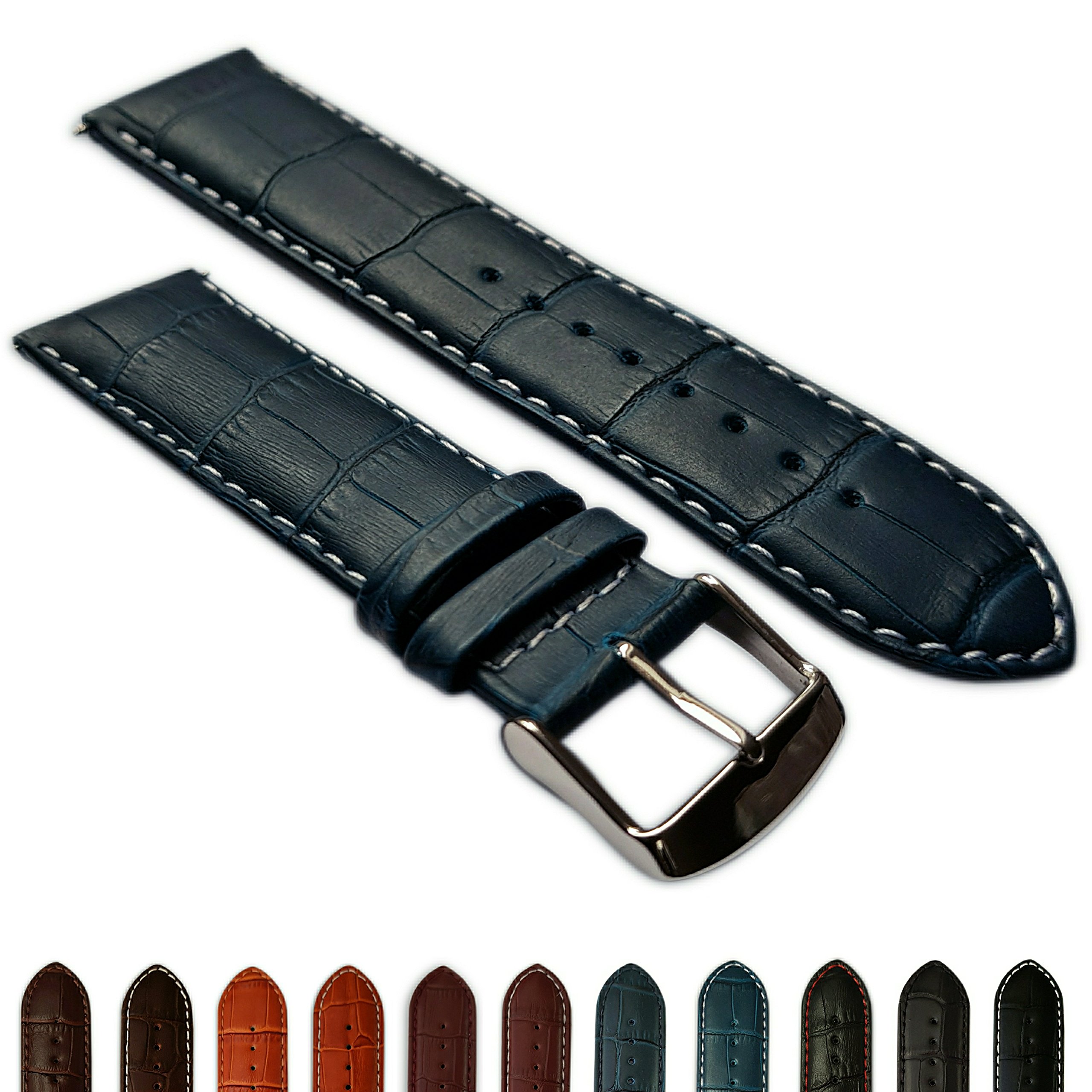 18mm Extra Long Genuine Leather Mock Crocodile Watch Band for Men - XL Size with Buckle in Blue/White | Perfect for Dress Watches, Business Attire & Formal Occasions