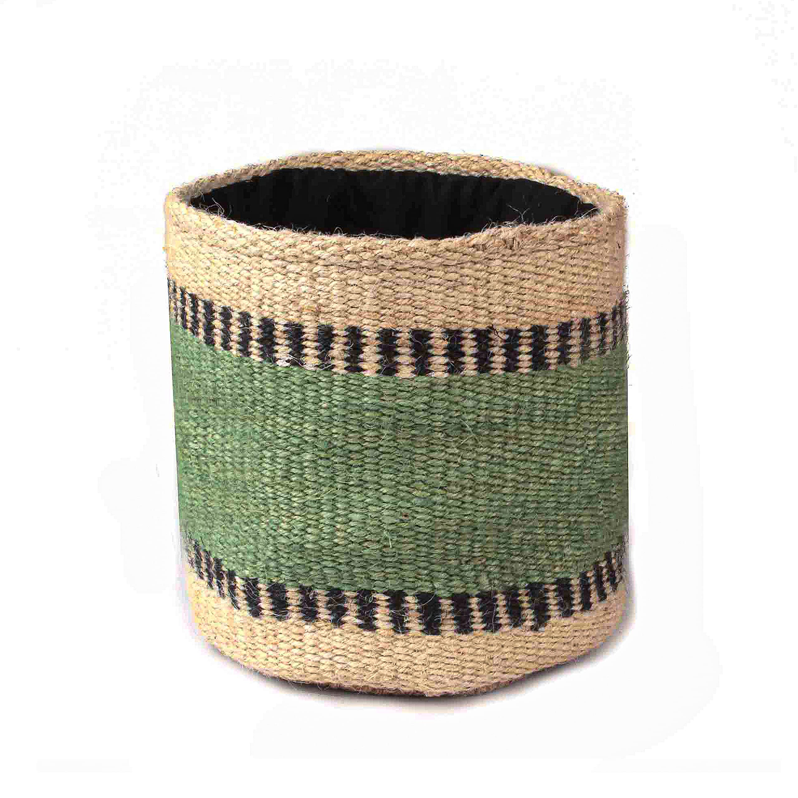 Handmade Jute Rope and Cotton Liner Small Basket - Perfect for Indoor Plants, Flower Arrangements, and Home Storage Organizer | Multicolor Home Decor Basket (Green & Beige) | Ideal for Living Room, Bedroom, and Bathroom Decor