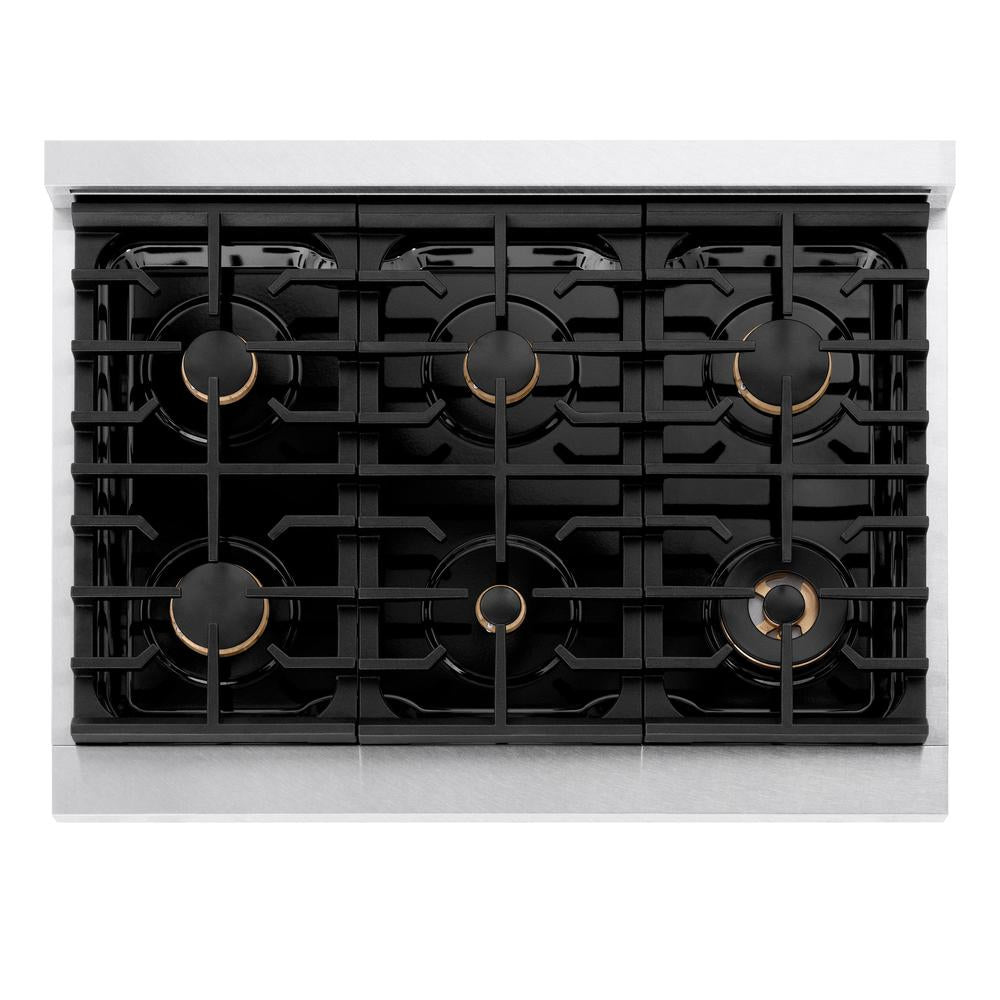 ZLINE 36 Inch Autograph Edition Paramount 6-Burner Gas Rangetop - Satin Stainless Steel with Matte Black Accents - Porcelain Cooktop (SRTSZ 36 MB) | Professional Kitchen Stove for Home Chefs & Cooking Enthusiasts